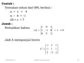 12/07/2018 6:53 Aljabar Linear Elementer 18
Contoh :
Tentukan solusi dari SPL berikut :
a + c = 4
a – b = –1
2b + c = 7
Jawab :
Perhatikan bahwa
Jadi A mempunyai Invers
01
120
01-1
101
A
1-2-2
111-
121-
1











A
 