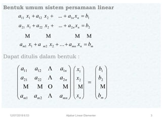 12/07/2018 6:53 Aljabar Linear Elementer 3
Bentuk umum sistem persamaan linear
Dapat ditulis dalam bentuk :














mnmm
n
n
aaa
aaa
aaa




21
22221
11211
11212111 ... bxaxaxa nn 
22222121 ... bxaxaxa nn 
mnmnmm bxaxaxa  ...2211
















mb
b
b

2
1














nx
x
x

2
1
 