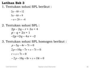 12/07/2018 6:53 Aljabar Linear Elementer 35
Latihan Bab 3
1. Tentukan solusi SPL berikut :
2. Tentukan solusi SPL :
2p – 2q – r + 3s = 4
p – q + 2s = 1
–2p +2q – 4s = –2
3. Tentukan solusi SPL homogen berikut :
42
963
1282



ba
ba
ba
0188102
07
077102
0745




tsrqp
tsr
tsrqp
trqp
 