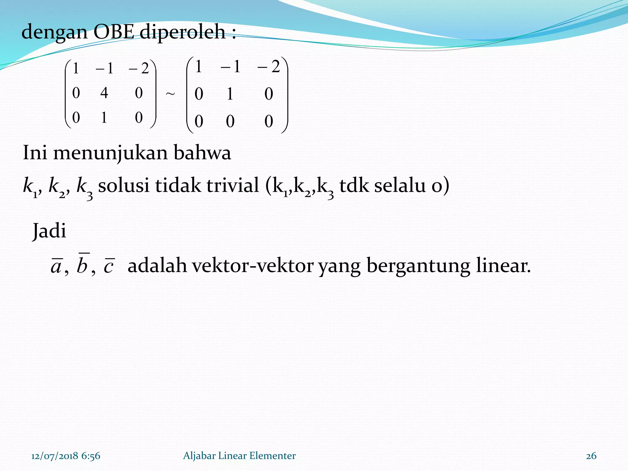 12/07/2018 6:56 Aljabar Linear Elementer 26
~
010
040
211









 









 
000
010
211
cba ,,
dengan OBE diperoleh :
Ini menunjukan bahwa
k1, k2, k3 solusi tidak trivial (k1,k2,k3 tdk selalu 0)
adalah vektor-vektor yang bergantung linear.
Jadi
 