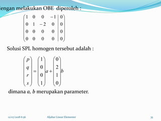 12/07/2018 6:56 Aljabar Linear Elementer 35
















00000
00000
00210
01001
ba
s
r
q
p












































0
1
2
0
1
0
0
1
dengan melakukan OBE diperoleh :
Solusi SPL homogen tersebut adalah :
dimana a, b merupakan parameter.
 