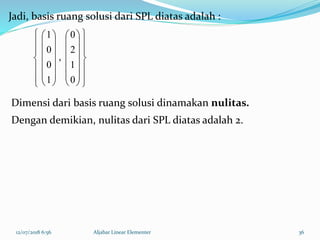12/07/2018 6:56 Aljabar Linear Elementer 36
Jadi, basis ruang solusi dari SPL diatas adalah :










































0
1
2
0
,
1
0
0
1
Dimensi dari basis ruang solusi dinamakan nulitas.
Dengan demikian, nulitas dari SPL diatas adalah 2.
 