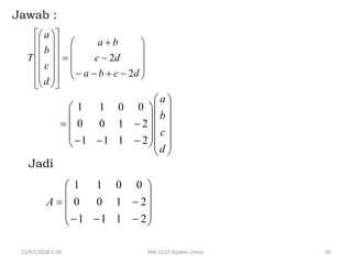 12/07/2018 6:59 MA-1223 Aljabar Linear 30
Jawab :










































dcba
dc
ba
d
c
b
a
T
2
2


























d
c
b
a
2111
2100
0011












2111
2100
0011
A
Jadi
 