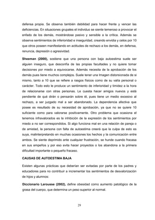 defensa propia. Se observa también debilidad para hacer frente y vencer las
deficiencias. En situaciones grupales el individuo se siente temeroso a provocar el
enfado de los demás, mostrándose pasivo y sensible a la crítica. Además se
observa sentimientos de inferioridad e inseguridad, creando envidia y celos por 10
que otros poseen manifestando en actitudes de rechazo a los demás, en defensa,
renuncia, depresión o agresividad.

Sheeman (2000), sostiene que una persona con baja autoestima suele ser
alguien inseguro, que desconfía de las propias facultades y no quiere tomar
decisiones por miedo a equivocarse. Además necesita de la aprobación de los
demás pues tiene muchos complejos. Suele tener una Imagen distorsionada de si
mismo, tanto a 10 que se refiere a rasgos físicos como de su valía personal o
carácter. Todo esto le produce un sentimiento de inferioridad y timidez a la hora
de relacionarse con otras personas. Le cuesta hacer amigos nuevos y está
pendiente de qué dirán o pensarán sobre él, pues tiene un medio excesivo al
rechazo, a ser juzgado mal a ser abandonado. La dependencia afectiva que
posee es resultado de su necesidad de aprobación, ya que no se quiere 10
suficiente como para valorarse positivamente. Otro problema que ocasiona el
tenemos infravalorados es la inhibición de la expresión de los sentimientos por
miedo a no ser correspondidos. Si algo funciona mal en una relación de pareja o
de amistad, la persona con falta de autoestima creerá que la culpa de esto es
suya, malinterpretando en muchas ocasiones los hechos y la comunicación entre
ambos. Se siente deprimido ante cualquier frustración, se hunde cuando fracasa
en sus empeños y por eso evita hacer proyectos o los abandona a la primera
dificultad importante o pequeño fracaso.

CAUSAS DE AUTOESTIMA BAJA

Existen algunas prácticas que deberían ser evitadas por parte de los padres y
educadores para no contribuir a incrementar los sentimientos de desvalorización
de hijos y alumnos:

Diccionario Larousse (2002), define obesidad como aumento patológico de la
grasa del cuerpo, que determina un peso superior al normal.



                                           29
 