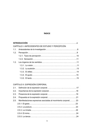 ÍNDICE




INTRODUCCIÓN       ………………………………………………………………….vi
CAPÍTULO I: ANTECEDENTES DE ESTUDIO Y PERCEPCIÓN
1.1.   Antecedentes de la investigación……………………………………………8
1.2.   Percepción……..……………………………………………………………...9
       1.2.1. Tipos de percepción……………………………………………….…10
       1.2.2. Sensación……………………………………………………………..11
1.3.   Los órganos de los sentidos………………….……………………………..11
        1.3.1. La visión……………………………………………………………...11
        1.3.2. La audición…………………………………………………………..13
        1.3.3. El olfato………………………………………………………………14
        1.3.4. El gusto……………………………………………………………...15
        1.3.5. El tacto……………………………………………………………….15


CAPÍTULO II: EXPRESIÓN CORPORAL
2.1.   Definición de la expresión corporal……………………..………………….17
2.2.   Importancia de la expresión corporal………………………………….…..18
2.3.   Presencia de la expresión corporal……………………………….……….19
2.4.   Propuesta en la expresión corporal…………………………….………….21
2.5.   Manifestaciones expresivas asociadas al movimiento corporal.……… 23
       2.5.1. El gesto…………………………………………………………………23
       2.5.2. La postura………………………………………………………………23
       2.5.3. La mirada……………………………………………………………….24
       2.5.4. El mimo……………….…………………………………………………24
       2.5.5. La danza……….………………………………………………………..24

                                     iv
                                     4
 