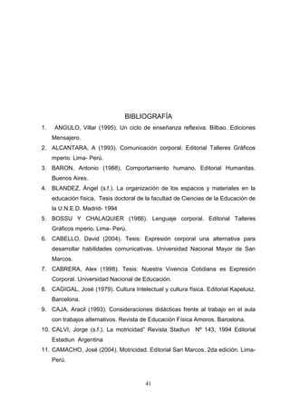 BIBLIOGRAFÍA
1.    ANGULO, Villar (1995). Un ciclo de enseñanza reflexiva. Bilbao. Ediciones
     Mensajero.
2. ALCANTARA, A (1993). Comunicación corporal. Editorial Talleres Gráficos
     mperio. Lima- Perú.
3. BARON, Antonio (1988), Comportamiento humano. Editorial Humanitas.
     Buenos Aires.
4. BLANDEZ, Ángel (s.f.). La organización de los espacios y materiales en la
     educación física, Tesis doctoral de la facultad de Ciencias de la Educación de
     la U.N.E.D. Madrid- 1994
5. BOSSU Y CHALAQUIER (1986). Lenguaje corporal. Editorial Talleres
     Gráficos mperio. Lima- Perú.
6. CABELLO, David (2004). Tesis: Expresión corporal una alternativa para
     desarrollar habilidades comunicativas. Universidad Nacional Mayor de San
     Marcos.
7. CABRERA, Alex (1998). Tesis: Nuestra Vivencia Cotidiana es Expresión
     Corporal. Universidad Nacional de Educación.
8. CAGIGAL, José (1979). Cultura Intelectual y cultura física. Editorial Kapelusz.
     Barcelona.
9. CAJA, Aracil (1993). Consideraciones didácticas frente al trabajo en el aula
     con trabajos alternativos. Revista de Educación Física Amoros. Barcelona.
10. CALVI, Jorge (s.f.). La motricidad” Revista Stadiun Nº 143, 1994 Editorial
     Estadiun Argentina
11. CAMACHO, José (2004). Motricidad. Editorial San Marcos. 2da edición. Lima-
     Perú.



                                        41
 