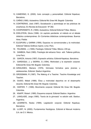 12. CAMERINO, K. (2000). Auto concepto y personalidad. Editorial Kapelusz.
   Barcelona.
13. CAÑAS (1990). Autoestima. Editorial Mc Graw Hill. Bogotá- Colombia
14. CONTRERAS, José (1987). Socialización y aprendizaje en las prácticas de
   enseñanza. En Revista de Educación Nº 282.
15. COOPERSMITH, R. (1969). Autoestima. Editorial Editorial Trillas. México.
16. EDELSTEIN, Gloria (1996). Un capítulo pendiente: el método en el debate
   didáctico contemporáneo. En Corrientes didácticas contemporáneas. Buenos
   Aires, Paidós
17. ELESPURU y GARMA (1999). Espacios no convencionales y la motricidad.
   Editorial Talleres Gráficos mperio. Lima- Perú.
18. FELDMAN, J. (1999). Fisiología. Editorial Trillas. México. 235 pp.
19. GAMBOA, Raúl (1985). Fisiología del esfuerzo físico edit. Talleres gráficos,
   Lima Perú.
20. GARCÍA, Antonio (1997). Expresión artística. Editorial Kapelusz. Barcelona.
21. GARDOQUI, J. y SIERRA, G (1994). Motricidad y la expresión corporal.
   Editorial Mc Graw Hill. Bogotá- Colombia.
22. GIRALEDES,     Mariano    (1978).   Gimnasia     formativa   para    jóvenes   u
   adolescentes. Editorial. Stadiun Argentina.
23. GROSSMAN, R (1987). The Making of a Teacher. Teschre Knowledge and
   Teacher.
24. GUIDO, Mabel (1996). Ética y motricidad deportiva en el desempeño
   docente. Editorial Mc Graw Hill. Bogotá- Colombia.
25. HARTER, T. (1999). Movimiento corporal. Editorial Mc Graw Hill. Bogotá-
   Colombia.
26. KNAPP, Robert (1980). Esquema corporal. Editorial Stadiun. Argentina
27. LANGLADE, Jorge (1985). Teoría de la gimnasia” re edición edit. Stadiun,
   Argentina.
28. LEARRETA, Noska (1999). Legislación corporal. Editorial Kapelusz.
   Barcelona.
29. LLORT, N. (2000). Fundamentos fisiológicos. Editorial el Manual moderno
   S.A. de C.V. México.



                                        42
 