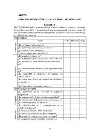 ANEXO
               UNIVERSIDAD NACIONAL DE SAN CRISTÓBAL DE HUAMANGA

                                   ENCUESTA
RECOMENDACIONES: Joven estudiante a continuación te presento conjunto de
ítems sobre autoestima y percepción de expresión corporal, por favor marca (X)
con sinceridad en la columna que corresponde, puesto que sus datos contribuirán
al trabajo de investigación.
AUTOESTIMA
                             Items                     Alta Mediana Baja
Autoconcepto




               ¿La confianza en ti mismo es?
               ¿La percepción valorativa de tus actos es?
               ¿La estima de uno mismo es?
               ¿Tu auto aceptación a ti mismo es?
               ¿El respeto a ti mismo es?
               ¿La auto motivación al realizar tus actividades es?
               ¿La sociabilidad en los ámbitos que te desenvuelve
               es?
Satisfacción




               ¿La defensa propia ante cualquier agresión moral
               es?
               ¿La seguridad al momento de realizar tus
               actividades es?
               ¿La visión que tienes para realizar las actividades
               designadas es?

    ¿La Asertividad en tus actividades es?
EXPRESIÓN CORPORAL
    ¿La percepción de tu sensación de expresión
    corporal es?
Percepción




    ¿La interpretación de tu expresión corporal es?
    ¿La comparación de tus expresiones corporales es?
    ¿La identificación de tus gestos es?
    ¿La identificación de la exteriorización de tu
    estado de ánimo es?
    ¿Construcción mental de tu cuerpo es?
Concepto




    ¿La sensación interoceptiva de tu cuerpo es?
    ¿La sensación exteroceptiva de tu cuerpo es?
    ¿Tu expresión verbal referida a tu cuerpo es?




                                                  44
 
