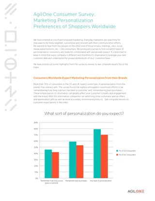 AgilOne Consumer Survey: 
Marketing Personalization 
Preferences of Shoppers Worldwide 
We have entered an era of personalized marketing. Everyday marketers are searching for 
new ways to be more targeted, customized and relevant with their communication efforts. 
We wanted to hear from the people on the other end of those emails, mailings, calls, social 
media advertisments, etc. – the consumers. We produced a survey to find out which types of 
personalization consumers are ready for, comfortable with and already expect. It’s important to 
keep in mind that every company is different and therefore it’s imperative to leverage your own 
customer data and understand the unique preferences of your customer base. 
We have pulled out some highlights from the survey to review, to see complete results flip to the 
index. 
Consumers Worldwide Expect Marketing Personalization from their Brands 
More than 70% of consumers in the US and UK expect some type of personalization from the 
brands they interact with. The survey found the highest anticipated customized efforts to be 
‘remembering how long a person has been a customer’ and ‘remembering past purchases’. 
These simple pieces of information can greatly affect your customer’s loyalty and engagement 
with the brand. With this information companies can send long-time customers special offers 
and appreciation gifts as well as more accurately recommend products. See complete results on 
customer expectations in the index. 
 
