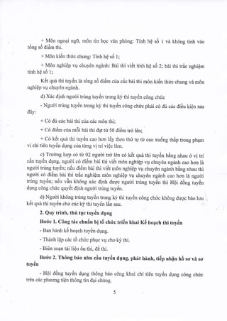 + MOn ngo4i ngt, m6n tin hgc vdn phdng: Tinh h€ sti t vd kh6ng tinh vdo 
tong so drem thl. 
+ M6n kiiin thuc chr.rng: Tinh h6 s6 l; 
+ Mdn nghiep vu chuydn nginh: Bdi thi vi6t dnh he si5 z; bdi thi trac nghiern 
dnh he s6 1; 
K6t qud thi tuyiln ld tiing s6 diiim cira c6c bdi thi m6n ki6n thr.ic chung vd m6n 
nghiCp lu chuy6n ngdnh. 
d) X6c dinh ngudi trfng tuy6n trong kj,thi tuy6n c6ng chuc 
- Ngudi trung tuydn trorg k! thi tuy6n c6ng chrlc phii c6 dir cdc diiu ki6n sau 
d6v: 
+ C6 dir c6c bdi thi cira cric mdn thi; 
- ( o diern cua moi bai thi dat tLr 50 didm rrd len: 
+ C6 kiit qua thi tuy6n cao hon l6y theo thir tu tu cao xu6ng thip trong pham 
. vi chi ti6u tuy6n dung cira timg vi tri vi€c ldm. 
. c) Truong hgp c6 tu 02 ngudi trd 16n c6 kr5t qu6 thi tuyiln bing nhau d vi tri 
cdn tuy6n dung, ngudi c6 di6m bdi thi viet mdn nghlep vq chuyen nganh cao hon ld 
ngudi trting tuyiin; n5u di6m bdi thi viSt mon nghidp v1 chuydn ngantr bing nhau rhi 
ngudi c6 di6m_bdi rhi tric nghi€m m6n nghiQp r,u chuy€n nganh cao hon li ngudi 
tning tuy6n; nilu vin kh6ng x6c dinh duoc ngudi trfng tuy6n thi Hdi OOog tuy,:n 
dung c6ng chric quyi5t dinh ngudi trung tuy6n. 
- d) Ngudi kh6ng trung tuy6n trong kj,thi tuy6n c6ng chr.ic kh6ng duoc bdo lru 
k6t qud thi tuy6n cho c6c kj, thi tuy6n l6n sau. 
2. Quy trinh. lhu tuc ruy6n dung 
Bu'6c 1. C6ng tfc chuin b! t6 chirc tri6n khai K6 hogch thi tuy6n 
- Ban hdnh k6 hoach tuyiin dung. 
- Thdnh ldp c6c t6 chric phuc r,u cho kj.thi. 
- Bidn soan tai lieu on thi, dd rhi. 
- Buric 2. Th6ng b5o nhu ciu tuy6n dgng, ph6t hhnh, ti6p nh{n hd so vir so 
tuy6n 
- H6i ddng tuyiln dUng th6ng b6o c6ng khai chi tiOu tuyiin dung c6ng chfc 
tr6n ciic phuong ti6n th6ng tin dai chring. 
 
