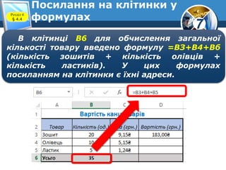 7
Посилання на клітинки у
формулахРозділ 4
§ 4.4
В клітинці В6 для обчислення загальної
кількості товару введено формулу =ВЗ+В4+Вб
(кількість зошитів + кількість олівців +
кількість ластиків). У цих формулах
посиланням на клітинки є їхні адреси.
 