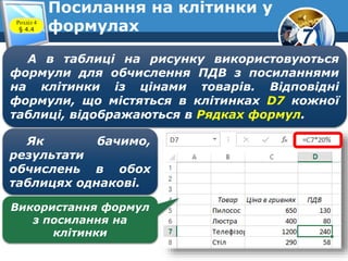 7
Посилання на клітинки у
формулахРозділ 4
§ 4.4
А в таблиці на рисунку використовуються
формули для обчислення ПДВ з посиланнями
на клітинки із цінами товарів. Відповідні
формули, що містяться в клітинках D7 кожної
таблиці, відображаються в Рядках формул.
Як бачимо,
результати
обчислень в обох
таблицях однакові.
Використання формул
з посилання на
клітинки
 