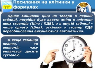 7
Посилання на клітинки у
формулахРозділ 4
§ 4.4
Однак змінивши ціни на товари в першій
таблиці, потрібно буде ввести зміни в клітинки
двох стовпців (Ціна і ПДВ), а в другій таблиці -
лише одного (Ціна), оскільки у стовпці ПДВ
переобчислення виконаються автоматично.
А якщо таблиця
велика, то
економія часу
виявиться досить
суттєвою.
 