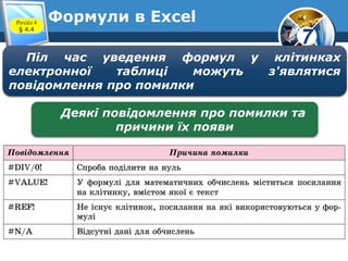 7
Формули в ExcelРозділ 4
§ 4.4
Піл час уведення формул у клітинках
електронної таблиці можуть з'являтися
повідомлення про помилки
Деякі повідомлення про помилки та
причини їх появи
 