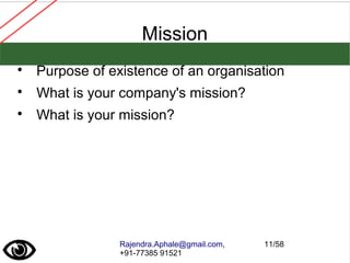 Rajendra.Aphale@gmail.com,
+91-77385 91521
11/58
Mission

Purpose of existence of an organisation

What is your company's mission?

What is your mission?
 