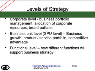 Rajendra.Aphale@gmail.com,
+91-77385 91521
17/58
Levels of Strategy

Corporate level - business portfolio
management, allocation of corporate
resources, broad policies

Business unit level (SPU level) – Business
growth, product / service portfolio, competitive
advantage

Functional level – how different functions will
support business strategy
 