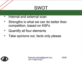 Rajendra.Aphale@gmail.com,
+91-77385 91521
30/58
SWOT

Internal and external scan

Strengths is what we can do better than
competition, based on KSFs

Quantify all four elements

Take opinions out, facts only please
 