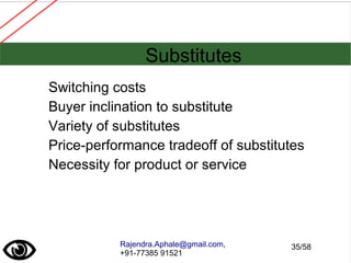 Rajendra.Aphale@gmail.com,
+91-77385 91521
Substitutes
Switching costs
Buyer inclination to substitute
Variety of substitutes
Price-performance tradeoff of substitutes
Necessity for product or service
35/58
 