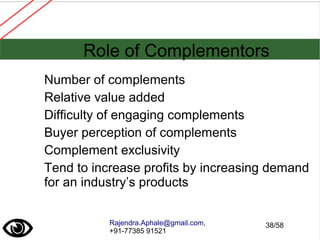 Rajendra.Aphale@gmail.com,
+91-77385 91521
Role of Complementors
Number of complements
Relative value added
Difficulty of engaging complements
Buyer perception of complements
Complement exclusivity
Tend to increase profits by increasing demand
for an industry’s products
38/58
 