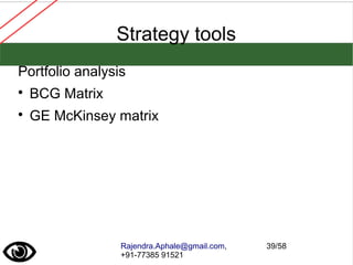 Rajendra.Aphale@gmail.com,
+91-77385 91521
39/58
Strategy tools
Portfolio analysis

BCG Matrix

GE McKinsey matrix
 