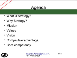 Rajendra.Aphale@gmail.com,
+91-77385 91521
4/58
Agenda

What is Strategy?

Why Strategy?

Mission

Values

Vision

Competitive advantage

Core competency
 