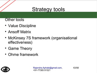 Rajendra.Aphale@gmail.com,
+91-77385 91521
43/58
Strategy tools
Other tools

Value Discipline

Ansoff Matrix

McKinsey 7S framework (organisational
effectiveness)

Game Theory

Ohme framework
 