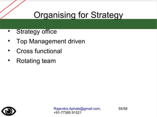 Rajendra.Aphale@gmail.com,
+91-77385 91521
55/58
Organising for Strategy

Strategy office

Top Management driven

Cross functional

Rotating team
 