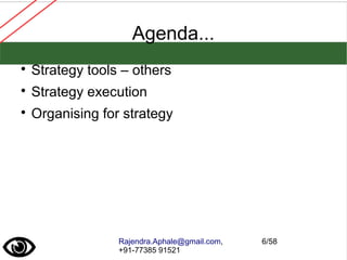 Rajendra.Aphale@gmail.com,
+91-77385 91521
6/58
Agenda...

Strategy tools – others

Strategy execution

Organising for strategy
 