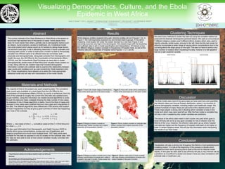 Visualizing Demographics, Culture, and the Ebola
Epidemic in West Africa
Aran Z. Burke1,3, Erin L. Johnson1,3, Ensheng Dong2, Amanda Bowe2,3, Alex Suchar2,3, and Michelle M. Wiest2,3
Abstract
The current outbreak of the Zaire Ebolavirus in West Africa is the largest on
record and has reached tens of thousands of cases. Some places have
been hit much harder than others, partially due to demographic factors such
as religion, burial practices, access to healthcare, etc. A statistical model
that could predict which places would be hit hardest by taking these factors
into account could play a role in allocating resources in future outbreaks and
reducing case counts. In order to build such a model it is best to first actually
visualize how different parts of an affected area are connected, both
physically and demographically. Using data compiled from Demographic and
Health Surveys, the UN Office for the Coordination of Humanitarian Affairs
(OCHA), and the Humanitarian Data Exchange we were able to cluster
demographically similar areas of West Africa and visualize these clusters on
a map. Along with this we created maps that included demographic
information overlaid onto outbreak data to examine the relationship between
case counts and variables such as road connectivity, Ebola treatment units,
etc. These visualizations have allowed us to select the most appropriate
statistical model and will help with interpretation of the model results.
Materials and Methods
The majority of time in this project was spent preparing data. The cumulative
case counts were available on a local basis from the UN Office for the
Coordination of Humanitarian Affairs (OCHA), by county or prefecture, from the
start of the outbreak to roughly the current time (the data was updated every
couple months). Using this information we created several algorithms to comb
through the data and make a dataset showing the daily number of new cases.
An example of one of these algorithms is below. Due to the flood of cases and
changes in how cases were qualified there are many gaps and irregularities in
the data. The different algorithms have differences in the severity and location
of these irregularities but they all give a good summary of what was happening
over most of the outbreak.
𝑥𝑡 =
𝑁𝐴 𝑐𝑡 = 𝑁𝐴
𝑐𝑡 − 𝑐𝑡−𝑘 𝑐𝑡 ≠ 𝑁𝐴, 𝑐𝑡 ≥ 𝑐𝑡−𝑘
0 𝑐𝑡 ≠ 𝑁𝐴, 𝑐𝑡 < 𝑐𝑡−𝑘
Where: 𝑥𝑡 new cases at time t. 𝑐𝑡 cumulative cases at time t. t-k first time prior
to t when 𝑐𝑡−𝑘 ≥ 0
We also used information from Demographic and Health Surveys (DHS) to
identify ethnic group concentrations, access and use of healthcare, and
religious proportions at a much more localized level. 1057 data points were
available for this data as opposed to only 63 locales for the outbreak data. With
this data we were able to look at how cultural variables visually coincided with
the outbreaks.
Clustering Techniques
Discussion
Results
Conclusion
Visualization will play a strong role throughout the lifetime of and spatiotemporal
modeling project. It is vital at the beginning of the process to decide which
variables are even worth pursuing and is used at the end to interpret model
results. In this case we were able to say ethnicity will play a very minimal role as
a predictor as it is difficult to cluster and doesn’t have any clear correlations with
outbreak data or healthcare use.
Acknowledgements
• Grant support for this research was provided by the National Science Foundation (DEB1521049) and the Center for Modeling
Complex Interactions sponsored by the National Institutes of Health (P20 GM104420).
• Sources:
1. The Demographic and Health Surveys Program. (2013). Standard DHS Survey. Available from
http://www.dhsprogram.com/data/available-datasets.cfm
2. OCHA ROWCA. (2015). Sub-national time series data on Ebola cases and deaths in Guinea, Liberia, Sierra Leone, Nigeria,
Senegal and Mali since March 2014. Available from https://data.hdx.rwlabs.org/dataset/rowca-ebola-cases
3. World Health Organization. (2015). Ebola Situation Reports. Available from http://apps.who.int/ebola/ebola-situation-reports
We used many methods to cluster the data but using the complete method we
produced the cleanest dendrograms (pictured below). We used a cut to produce
7 different religious clusters and 9 different ethnic clusters which were used to
identify culturally similar areas, pictured to the left. Note that the last cluster for
ethnicity incorporates a wider range of varying ethnic concentrations due to the
cut being above the large group on the right. This was cut here to avoid a very
large number of clusters when visualizing the data, however it is still apparent
that not a well clustered variable.
1. Department of Mathematics, 2. Department of Statistical Science, 3. Center for Modeling Complex Interactions
*aranb@uidaho.edu
**mwiest@uidaho.edu
Figure 1: Areas with similar religious distributions.
Points of the same type are in the same cluster
Figure 2: Areas with similar ethnic distributions.
Points of the same type are in the same cluster
Figure 3: Religious clusters overlaid on
outbreak data. Darker counties had a higher
proportion of the population infected
Figure 4: Ethnic clusters overlaid on outbreak data.
Darker counties had a higher proportion of the
population infected
Figure 4: Religious clusters overlaid onto a map
showing concentrations of people who visited a
hospital in the past 6 months. Darker areas had
more proportional hospital visits.
Figure 6: Infection rates (size of circle) overlaid
onto map showing concentrations of people who
visited hospitals in the past 6 months.
The final model uses most of the same data we have used here and quantifies
the infection rates over time as Poisson distribution, where λ is a function of
several demographic variables, including religion and healthcare usage. We
created hundreds of maps; these are just some of the clearest ones to use.
These maps played a strong role in deciding which variables to keep in the
model and which ones were best left out. After the final model is complete they
will play a role in explaining why certain variables are predictors.
The nature of the ethnic data meant it didn’t cluster very well which goes to
show ethnicity will not be a very good correlate for risk of infection over the
lifetime of the virus. However, the infection rates seem go up where hospital
visit rates are higher and the frequency of hospital visits seem to be higher or
lower in certain religious areas. We will use this information when interpreting
the results of our final model.
Cut
Cut
While religious profiles clustered fairly well, ethnicity profiles did not (Figures 7, 8). In
Figure 7, the individual sites clustered low and formed distinct groups. In the ethnic
clustering, most locales fell under the cluster denoted by a red star (Figure 2) and
branching occurred very high in the dendrogram. We created maps with the clustering
and outbreak data to aid in model specification and interpretation. Of interest is how
the different religious clusters correlate to frequencies of hospital visits, as well at the
infection rate and frequencies of hospital visits (Figures 1, 3, 4, and 6).
0 - 0.46
0.47 - 1.91
1.92 – 4.20
4.21 – 10.01
10.02 – 18.31
18.32 – 37.80
37.81 – 61.55
0 - 0.46
0.47 - 1.91
1.92 – 4.20
4.21 – 10.01
10.02 – 18.31
18.32 – 37.80
37.81 – 61.55
0 - 0.46
0.47 - 1.91
1.92 – 4.20
4.21 – 10.01
10.02 – 18.31
18.32 – 37.80
37.81 – 61.55
Infection
Rates per
10,000
Infection
Rates per
10,000
Infection
Rates per
10,000
 