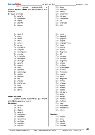 __________________________________________ PORTUGUÊS __________________________Prof. Maria Amália
__________________________________________________________________________________________________________________________
ATUALIZADO ATÉ ABRIL/2012 www.CARREIRAPUBLICA.com.br (48) 4141-3220 3225-5779
27
animais, acrescentando as
palavras macho e fêmea, para se distinguir o sexo
do animal.
Eis alguns exemplos:
Ex: a girafa;
Ex: a andorinha;
Ex: a águia;
Ex: a barata;
Ex: a cobra;
Ex: o jacaré;
Ex: a onça;
Ex: o sabiá;
Ex: o tatu;
Ex: a anta;
Ex: a arara;
Ex: a borboleta;
Ex: o canguru;
Ex: o caranguejo;
Ex: a coruja;
Ex: o crocodilo;
Ex: o escorpião;
Ex: a formiga;
Ex: a girafa;
Ex: a mosca;
Ex: a onça;
Ex: a pantera;
Ex: o pernilongo;
Ex: o piolho;
Ex: a piranha;
Ex: a rã;
Ex: a raposa;
Ex: a tartaruga;
Ex: o tatu;
Ex: o urubu;
Ex: a zebra.
Gênero vacilante
Existem alguns substantivos que trazem
dificuldades, quanto ao gênero.
Masculinos:
Ex: o açúcar;
Ex: o afã;
Ex: o ágape;
Ex: o alvará;
Ex: o amálgama;
Ex: o anátema;
Ex: o aneurisma;
Ex: o antílope;
Ex: o apêndice;
Ex: o apetite;
Ex: o algoz;
Ex: o bóia-fria;
Ex: o caudal;
Ex: o cataclismo;
Ex: o cônjuge;
Ex: o champanha;
Ex: o clã;
Ex: o cola-tudo;
Ex: o cós;
Ex: o coma;
Ex: o guaraná;
Ex: o gengibre;
Ex: o herpes;
Ex: o lança-perfume;
Ex: o haras;
Ex: o lotação;
Ex: o derma;
Ex: o diagrama;
Ex: o dó;
Ex: o diadema;
Ex: o decalque;
Ex: o epigrama;
Ex: o eclipse;
Ex: o estigma;
Ex: o estratagema;
Ex: o eczema;
Ex: o formicida;
Ex: o magma;
Ex: o matiz;
Ex: o magazine;
Ex: o milhar;
Ex: o nó-cego;
Ex: o pijama;
Ex: o pé-frio;
Ex: o plasma;
Ex: o pão-duro;
Ex: o sósia;
Ex: o suéter;
Ex: o talismã;
Ex: o toalete;
Ex: o tapa;
Ex: o telefonema;
Ex: o tira-teimas;
Ex: o xérox.
Femininos:
Ex: a abusão;
Ex: a acne;
Ex: a aluvião;
Ex: a bacanal;
Ex: a benesse;
 