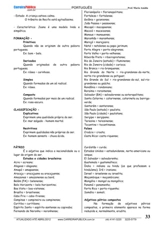 __________________________________________ PORTUGUÊS __________________________Prof. Maria Amália
__________________________________________________________________________________________________________________________
ATUALIZADO ATÉ ABRIL/2012 www.CARREIRAPUBLICA.com.br (48) 4141-3220 3225-5779
33
- Estado: A criança estava calma.
O trânsito de Recife está agitadíssimo.
- Característica: Joana é uma modelo linda e
simpática.
FORMAÇÃO -
Primitivos
Quando não se originam de outra palavra
portuguesa.
Ex: bom – belo.
Derivados
Quando originados de outra palavra
portuguesa.
Ex: róseo – carinhoso.
Simples
Quando formados de um só radical.
Ex: róseo.
Composto
Quando formados por mais de um radical.
Ex: rosa-escuro.
CLASSIFICAÇÃO -
Explicativos
Exprimem uma qualidade própria do ser.
Ex: mar salgado - homem mortal.
Restritivos
Exprimem qualidades não próprias do ser.
Ex: homem sensato - chuva ácida.
PÁTRIO
É o adjetivo que indica a nacionalidade ou o
lugar de origem do ser.
Estados e cidades brasileiros
Acre = acreano;
Alagoas = alagoano;
Amapá = amapaense;
Aracaju = aracajuano ou aracajuense;
Amazonas = amazonense ou baré;
Belém (PA) = belenense;
Belo Horizonte = belo-horizontino;
Boa Vista = boa-vistense;
Brasília = brasiliense;
Cabo Frio = cabo-friense;
Campinas = campineiro ou campinense;
Curitiba = curitibano;
Espírito Santo = espírito-santense ou capixaba;
Fernando de Noronha = noronhense;
Florianópolis = florianopolitano;
Fortaleza = fortalense;
Goiânia = goianiense;
João Pessoa = pessoense;
Macapá = macapaense;
Maceió = maceioense;
Manaus = manauense;
Maranhão = maranhense;
Marajó = marajoara;
Natal = natalense ou papa-jerimum;
Porto Alegre = porto-alegrense;
Porto Velho = porto-velhense;
Ribeirão Preto = ribeiropretense;
Rio de Janeiro (estado) = fluminense;
Rio de Janeiro (cidade) = carioca;
Rio Branco = rio-branquense;
Rio Grande do Norte = rio-grandense-do-norte,
norte-rio-grandense ou potiguar;
Rio Grande do Sul = rio-grandense-do-sul, sul-rio-
grandense ou gaúcho;
Rondônia = rondoniano;
Roraima = roraimense;
Salvador (BA) = salvadorense ou soteropolitano;
Santa Catarina = catarinense, catarineta ou barriga-
verde;
Santarém = santarense;
São Paulo (estado) = paulista;
São Paulo (cidade) = paulistano;
Sergipe = sergipano;
Teresina = teresinense;
Tocantins = tocantinense.
Países
Croácia = croata;
Costa Rica= costa-riquense;
Curdistão = curdo;
Estados Unidos = estadunidense, norte-americano ou
ianque;
El Salvador = salvadorenho;
Guatemala = guatemalteco;
Índia = indiano ou hindu (os que professam o
hinduísmo); Irã = iraniano;
Israel = israelense ou israelita;
Moçambique = moçambicano;
Mongólia = mongol ou mongólico;
Panamá = panamenho;
Porto Rico = porto-riquenho;
Somália = somali;
Adjetivos pátrios compostos
Na formação de adjetivos pátrios
compostos, o primeiro elemento aparece na forma
reduzida e, normalmente, erudita.
 