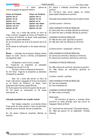 __________________________________________ PORTUGUÊS __________________________Prof. Maria Amália
__________________________________________________________________________________________________________________________
ATUALIZADO ATÉ ABRIL/2012 www.CARREIRAPUBLICA.com.br (48) 4141-3220 3225-5779
46
O verbo queixar-se
ficará conjugado da seguinte maneira:
Futuro do Presente Futuro do Pretérito
queixar-me-ei queixar-me-ia
queixar-te-ás queixar-te-ias
queixar-se-á queixar-se-ia
queixar-nos-emos queixar-nos-íamos
queixar-vos-eis queixar-vos-íeis
queixar-se-ão queixar-se-iam
Obs.: Se o verbo não estiver no início da
frase e estiver conjugado no Futuro do Presente ou
no Futuro do Pretérito, no Brasil, tanto poderemos
usar Próclise, quanto Mesóclise.
Ex: Eu me queixarei de você ou Eu queixar-me-ei de
você.
Ex:Os alunos se esforçarão ou Os alunos esforçar-
se-ão.
Ênclise - colocação dos pronomes oblíquos átonos
depois do verbo. Usa-se a ênclise, principalmente
nos seguintes casos:
01) Quando o verbo iniciar a oração.
Ex. Trouxe-me as propostas já assinadas.
Arrependi-me do que fiz a ela.
02) Com o verbo no imperativo afirmativo.
Ex. Por favor, traga-me as propostas já assinadas.
Arrependa-se, pecador!
Obs.: Se o verbo não estiver no início da
frase e não estiver conjugado no Futuro do Presente
ou no Futuro do Pretérito, no Brasil, tanto
poderemos usar Próclise, quanto Ênclise.
Ex: Eu me queixei de você ou Eu queixei-me de você.
Ex: Os alunos se esforçaram ou Os alunos
esforçaram- se.
Colocação pronominal nas locuções verbais:
Nos tempos compostos, os pronomes átonos
ficam junto do verbo auxiliar e nunca do particípio,
podendo ocorrer próclise, ênclise ou mesóclise.
Ex: Os alunos tinham-se levantado. (ênclise ao
auxiliar)
Ex: Nunca a tínhamos encontrado. (próclise ao
auxiliar)
Ex: Ter-lhe-ia sido nociva alguma de minhas
prescrições? (mesóclise ao auxiliar)
Colocação dos pronomes átonos nas locuções verbais
a) Verbo auxiliar + infinitivo
NÃO HAVENDO FATOR DE PRÓCLISE:
Ex: Devo dizer-lhe a verdade. (ênclise ao infinitivo)
Ex: Devo-lhe dizer a verdade. (ênclise ao auxiliar)
HAVENDO FATOR DE PRÓCLISE:
Ex: Não me devo calar. (próclise ao auxiliar)
Ex: Não devo calar-me. (ênclise ao infinitivo)
b) Verbo auxiliar + preposição + infinitivo
NÃO HAVENDO FATOR DE PRÓCLISE:
Ex: Deixou de contratá-la. (ênclise ao infinitivo)
Ex: Deixou de a contratar. (próclise ao infinitivo)
HAVENDO FATOR DE PRÓCLISE:
Ex: Não a deixou de contratar. (próclise ao auxiliar)
Ex: Não deixou de contratá-la. (próclise ao
infinitivo)
c) Verbo + auxiliar + gerúndio
NÃO HAVENDO FATOR DE PRÓCLISE:
Ex: Vou-me arrastando.
Ex: Vou arrastando-me.
HAVENDO FATOR DE PRÓCLISE:
Ex: Não o estou criticando.
Observação:
Na literatura já aparece o pronome átono
proclítico ao verbo principal, pois isso ocorre na
linguagem falada do Brasil.
Ex: "Você está me machucando." (Fernando Sabino).
Ex: "Mas aos poucos foi se adaptando." (Vivaldo
Coaracy)
 