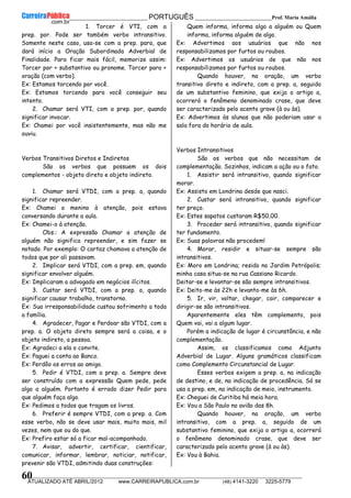__________________________________________ PORTUGUÊS __________________________Prof. Maria Amália
__________________________________________________________________________________________________________________________
ATUALIZADO ATÉ ABRIL/2012 www.CARREIRAPUBLICA.com.br (48) 4141-3220 3225-5779
60
1. Torcer é VTI, com a
prep. por. Pode ser também verbo intransitivo.
Somente neste caso, usa-se com a prep. para, que
dará início a Oração Subordinada Adverbial de
Finalidade. Para ficar mais fácil, memorize assim:
Torcer por + substantivo ou pronome. Torcer para +
oração (com verbo).
Ex: Estamos torcendo por você.
Ex: Estamos torcendo para você conseguir seu
intento.
2. Chamar será VTI, com a prep. por, quando
significar invocar.
Ex: Chamei por você insistentemente, mas não me
ouviu.
Verbos Transitivos Diretos e Indiretos
São os verbos que possuem os dois
complementos - objeto direto e objeto indireto.
1. Chamar será VTDI, com a prep. a, quando
significar repreender.
Ex: Chamei o menino à atenção, pois estava
conversando durante a aula.
Ex: Chamei-o à atenção.
Obs.: A expressão Chamar a atenção de
alguém não significa repreender, e sim fazer se
notado. Por exemplo: O cartaz chamava a atenção de
todos que por ali passavam.
2. Implicar será VTDI, com a prep. em, quando
significar envolver alguém.
Ex: Implicaram o advogado em negócios ilícitos.
3. Custar será VTDI, com a prep. a, quando
significar causar trabalho, transtorno.
Ex: Sua irresponsabilidade custou sofrimento a toda
a família.
4. Agradecer, Pagar e Perdoar são VTDI, com a
prep. a. O objeto direto sempre será a coisa, e o
objeto indireto, a pessoa.
Ex: Agradeci a ela o convite.
Ex: Paguei a conta ao Banco.
Ex: Perdôo os erros ao amigo.
5. Pedir é VTDI, com a prep. a. Sempre deve
ser construído com a expressão Quem pede, pede
algo a alguém. Portanto é errado dizer Pedir para
que alguém faça algo.
Ex: Pedimos a todos que tragam os livros.
6. Preferir é sempre VTDI, com a prep. a. Com
esse verbo, não se deve usar mais, muito mais, mil
vezes, nem que ou do que.
Ex: Prefiro estar só a ficar mal-acompanhado.
7. Avisar, advertir, certificar, cientificar,
comunicar, informar, lembrar, noticiar, notificar,
prevenir são VTDI, admitindo duas construções:
Quem informa, informa algo a alguém ou Quem
informa, informa alguém de algo.
Ex: Advertimos aos usuários que não nos
responsabilizamos por furtos ou roubos.
Ex: Advertimos os usuários de que não nos
responsabilizamos por furtos ou roubos.
Quando houver, na oração, um verbo
transitivo direto e indireto, com a prep. a, seguido
de um substantivo feminino, que exija o artigo a,
ocorrerá o fenômeno denominado crase, que deve
ser caracterizado pelo acento grave (à ou às).
Ex: Advertimos às alunas que não poderiam usar a
sala fora do horário de aula.
Verbos Intransitivos
São os verbos que não necessitam de
complementação. Sozinhos, indicam a ação ou o fato.
1. Assistir será intransitivo, quando significar
morar.
Ex: Assisto em Londrina desde que nasci.
2. Custar será intransitivo, quando significar
ter preço.
Ex: Estes sapatos custaram R$50,00.
3. Proceder será intransitivo, quando significar
ter fundamento.
Ex: Suas palavras não procedem!
4. Morar, residir e situar-se sempre são
intransitivos.
Ex: Moro em Londrina; resido no Jardim Petrópolis;
minha casa situa-se na rua Cassiano Ricardo.
Deitar-se e levantar-se são sempre intransitivos.
Ex: Deito-me às 22h e levanto-me às 6h.
5. Ir, vir, voltar, chegar, cair, comparecer e
dirigir-se são intransitivos.
Aparentemente eles têm complemento, pois
Quem vai, vai a algum lugar.
Porém a indicação de lugar é circunstância, e não
complementação.
Assim, os classificamos como Adjunto
Adverbial de Lugar. Alguns gramáticos classificam
como Complemento Circunstancial de Lugar.
Esses verbos exigem a prep. a, na indicação
de destino, e de, na indicação de procedência. Só se
usa a prep. em, na indicação de meio, instrumento.
Ex: Cheguei de Curitiba há meia hora.
Ex: Vou a São Paulo no avião das 8h.
Quando houver, na oração, um verbo
intransitivo, com a prep. a, seguido de um
substantivo feminino, que exija o artigo a, ocorrerá
o fenômeno denominado crase, que deve ser
caracterizado pelo acento grave (à ou às).
Ex: Vou à Bahia.
 