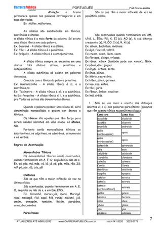__________________________________________ PORTUGUÊS __________________________Prof. Maria Amália
__________________________________________________________________________________________________________________________
ATUALIZADO ATÉ ABRIL/2012 www.CARREIRAPUBLICA.com.br (48) 4141-3220 3225-5779
7
Atenção: o trema
permanece apenas nas palavras estrangeiras e em
suas derivadas.
Ex: Müller, mülleriano.
As sílabas são subdivididas em tônicas,
subtônicas e átonas.
A sílaba tônica é a mais forte da palavra. Só existe
uma sílaba tônica em cada palavra.
Ex. Guaraná - A sílaba tônica é a última.
Ex: Táxi - A sílaba tônica é a penúltima.
Ex: Própolis - A sílaba tônica é a antepenúltima.
A sílaba tônica sempre se encontra em uma
destas três sílabas: última, penúltima e
antepenúltima.
A sílaba subtônica só existe em palavras
derivadas.
Coincide com a tônica da palavra primitiva.
Ex: Guaranazinho - A sílaba tônica é zi, e a
subtônica,na
Ex: Taxímetro - A sílaba tônica é xí, e a subtônica,
ta Ex: Propolina - A sílaba tônica é li, e a subtônica,
pro Todas as outras são denominadas átonas.
Quando a palavra possuir uma sílaba só, será
denominada monossílaba e podem ser átonos e
tônicos.
Os tônicos são aqueles que têm força para
serem usados sozinhos em uma sílaba; os átonos,
não.
Portanto serão monossílabos tônicos os
substantivos, os adjetivos, os advérbios, os numerais
e os verbos.
Regras de Acentuação:
Monossílabos Tônicos
Os monossílabos tônicos serão acentuados,
quando terminarem em A, E, O, seguidos ou não de s.
Ex. pá, pás, má, más, vá, lá, já. pé, pés, mês, rês, Zé,
né? pó, pós, dó, cós, pô!
Oxítonas
São as que têm a maior inflexão de voz na
última sílaba.
São acentuadas, quando terminarem em A, E,
O, seguidos ou não de s, e em EM, ENS.
Ex. Corumbá, maracujás, maná, Maringá.
rapé, massapê, filé, sapé. filó, rondó, mocotó, jiló.
amém, armazém, também, Belém. parabéns,
armazéns, nenéns.
Paroxítonas
São as que têm a maior inflexão de voz na
penúltima sílaba.
São acentuadas quando terminarem em UM,
UNS, L, ÊEM, PS, X, EI (s), ÃO (s), U (s), ditongo
crescente (s), N, ÔO, I (s), R, Ã (s).
Ex. álbum, factótum, médiuns.
Ex:ágil, flexível, volátil.
Ex:creem, deem, leem, veem.
Ex:fórceps, bíceps, tríceps.
Ex:tórax, xérox (também pode ser xerox), fênix.
Ex:pônei,vôlei, jóquei.
Ex:órgão, órfãos, sótão.
Ex:ônus, bônus.
Ex:Mário, secretária.
Ex:hífen, pólen, gérmen.
Ex:voo, coo, entoo.
Ex:táxi, júris.
Ex:fêmur, âmbar, revólver.
Ex:ímã, órfãs.
1. Não se usa mais o acento dos ditongos
abertos éi e ói das palavras paroxítonas (palavras
que têm acento tônico na penúltima sílaba).
Como era Como fica
alcalóide alcaloide
alcatéia alcateia
andróide androide
apóia
(verbo apoiar)
apoia
apóio
(verbo apoiar)
apoio
asteróide asteroide
bóia boia
celulóide celuloide
clarabóia claraboia
colméia colmeia
Coréia Coreia
debilóide debiloide
epopéia epopeia
estóico estoico
estréia estreia
estréio
(verbo estrear)
estreio
geléia geleia
heróico heroico
idéia ideia
jibóia jiboia
jóia joia
odisséia odisseia
 