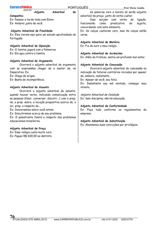 __________________________________________ PORTUGUÊS __________________________Prof. Maria Amália
__________________________________________________________________________________________________________________________
ATUALIZADO ATÉ ABRIL/2012 www.CARREIRAPUBLICA.com.br (48) 4141-3220 3225-5779
76
Adjunto Adverbial de
Companhia
Ex: Passeei a tarde toda com Ester.
Ex: Andarei junto de você.
Adjunto Adverbial de Finalidade
Ex: Eles vieram aqui para um estudo aprofundado de
Português.
Adjunto Adverbial de Oposição
Ex: O Santos jogará com o Palmeiras.
Ex: Ela agiu contra a família.
Adjunto Adverbial de Argumento
Ocorrerá o adjunto adverbial de argumento
com as expressões chegar de e bastar de, no
Imperativo. Ex.
Ex: Chega de brigas.
Ex: Basta de incompetência.
Adjunto Adverbial de Assunto
Ocorrerá o adjunto adverbial de assunto,
quando houver verbo, indicando comunicação entre
as pessoas (falar, conversar, discutir...) com a prep.
de, a prep. sobre, a locução prepositiva acerca de, a
loc. prep. a respeito de...
Ex: Conversamos sobre você ontem.
Ex: Discutiremos acerca de seu problema.
Ex: O palestrante falará a respeito dos problemas
educacionais brasileiros.
Adjunto Adverbial de Preço
Ex: Esse relógio custa muito caro.
Ex: Paguei R$ 600,00 ao dentista.
As palavras caro e barato só serão adjunto
adverbial de preço, junto do verbo custar.
Caso surjam com verbo de ligação,
funcionarão como predicativo do sujeito,
concordando com este elemento.
Ex: As calças custaram caro, mas As calças estão
caras.
Adjunto Adverbial de Matéria
Ex: Fiz de ouro o meu relógio.
Adjunto Adverbial de Acréscimo
Ex: Além da tristeza, sentia um profundo mal-estar.
Adjunto Adverbial de Concessão
Ocorrerá adjunto adverbial de concessão na
indicação de fatores contrários iniciados por apesar
de, embora, inobstante...
Ex: Apesar de você, sou feliz.
Ex: Inobstante sua má vontade, consegui meu
intento.
Adjunto Adverbial de Condição
Ex: Sem disciplina, não há educação.
Adjunto Adverbial de Conformidade
Ex: Faça tudo conforme os regulamentos da
empresa.
Adjunto Adverbial de Substituição
Ex: Abandonou suas convicções por privilégios.
 