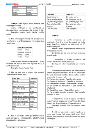 __________________________________________ PORTUGUÊS __________________________Prof. Maria Amália
__________________________________________________________________________________________________________________________
ATUALIZADO ATÉ ABRIL/2012 www.CARREIRAPUBLICA.com.br (48) 4141-3220 3225-5779
8
paranóia paranoia
paranóico paranoico
platéia plateia
tramóia tramoia
Atenção: essa regra é válida somente para
palavras paroxítonas.
Assim, continuam a ser acentuadas as
palavras oxítonas terminadas em éis, éu, éus, ói, óis.
Exemplos: papéis, herói, heróis, troféu,
troféus.
2. Nas palavras paroxítonas, não se usa mais o
acento no i e no u tônicos quando vierem depois de
um ditongo.
Como eraComo fica
baiúca baiuca
bocaiúva bocaiuva
cauíla cauila
feiúra feiura
Atenção: se a palavra for oxítona e o i ou o u
estiverem em posição final (ou seguidos de s), o
acento permanece.
Exemplos: tuiuiú, tuiuiús, Piauí.
3. Não se usa mais o acento das palavras
terminadas em êem e ôo(s).
Como era Como fica
abençôo abençoo
b creem
dêem (verbo dar) deem
dôo (verbo doar) doo
enjôo enjoo
lêem (verbo ler) leem
magôo (verbo magoar) magoo
perdôo (verbo perdoar) perdoo
povôo (verbo povoar) povoo
vêem (verbo ver) veem
vôos voos
zôo zoo
4. Não se usa mais o acento que diferenciava os
pares pára/para, péla(s)/pela(s), pêlo(s)/pelo(s),
pólo(s)/polo(s) e pêra/pera.
Como era Como fica
Ele pára o carro. Ele para o carro.
Ele foi ao pólo Norte. Ele foi ao polo Norte.
Ele gosta de jogar pólo. Ele gosta de jogar polo.
Esse gato tem pêlos
brancos.
Esse gato tem pelos
brancos.
Comi uma pêra. Comi uma pera.
Atenção
• Permanece o acento diferencial em
pôde/pode. Pôde é a forma do passado do verbo
poder (pretérito perfeito do indicativo), na 3ª
pessoa do singular.
Pode é a forma do presente do indicativo, na
3ª pessoa do singular.
Ex: Ontem, ele não pôde sair mais cedo, mas
hoje ele pode.
• Permanece o acento diferencial em
pôr/por. Pôr é verbo. Por é preposição.
Ex: Vou pôr o livro na estante que foi feita
por mim.
• Permanecem os acentos que diferenciam o
singular do plural dos verbos ter e vir, assim como
de seus derivados (manter, deter, reter, conter,
convir, intervir, advir etc.).
Ex: Ele tem dois carros. / Eles têm dois carros.
Ex: Ele vem de Sorocaba. / Eles vêm de Sorocaba.
Ex: Ele mantém a palavra. / Eles mantêm a palavra.
Ex: Ele convém aos estudantes. / Eles convêm aos
estudantes.
Ex: Ele detém o poder. / Eles detêm o poder.
Ex: Ele intervém em todas as aulas. / Eles intervêm
em todas as aulas.
• É facultativo o uso do acento circunflexo
para diferenciar as palavras forma/fôrma. Em alguns
casos, o uso do acento deixa a frase mais clara.
Veja este exemplo: Qual é a forma da fôrma
do bolo?
5. Não se usa mais o acento agudo no u
tônico das formas (tu) arguis, (ele) argui, (eles)
arguem, do presente do indicativo dos verbos arguir
e redarguir.
 