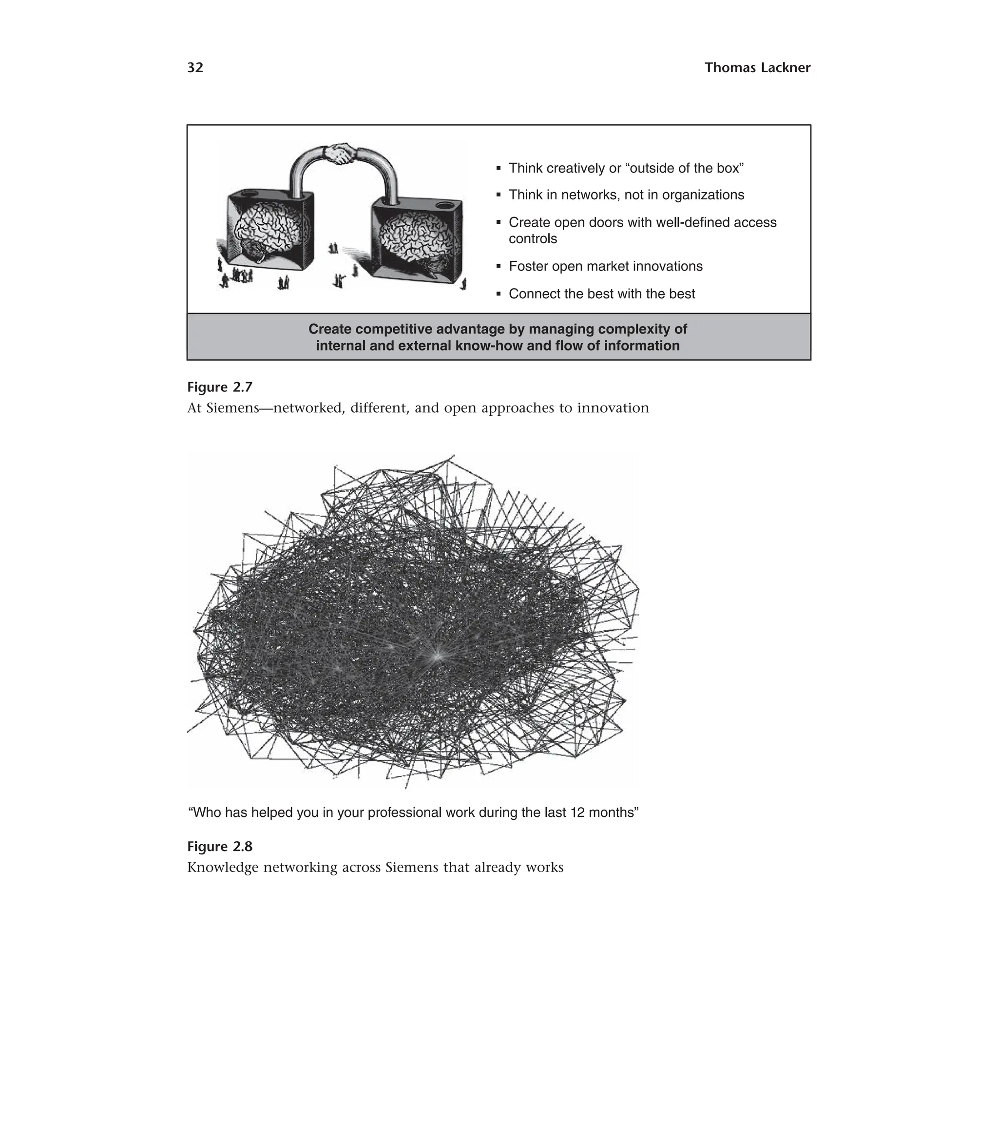 32 Thomas Lackner
“Who has helped you in your professional work during the last 12 months”
Figure 2.8
Knowledge networking across Siemens that already works
Think creatively or “outside of the box”
Think in networks, not in organizations
Create open doors with well-defined access
controls
Foster open market innovations
Connect the best with the best
Create competitive advantage by managing complexity of
internal and external know-how and flow of information
Figure 2.7
At Siemens—networked, different, and open approaches to innovation
 