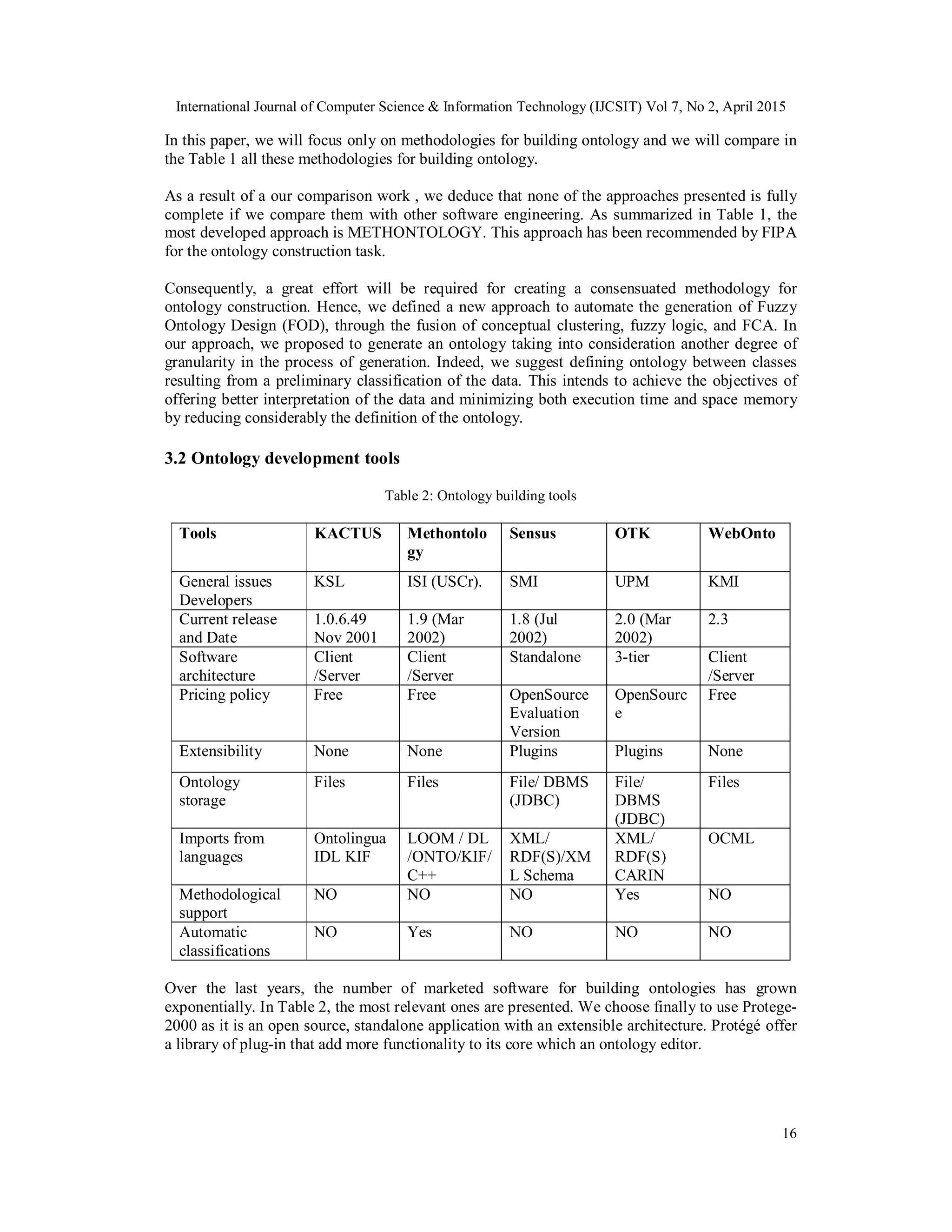 International Journal of Computer Science & Information Technology (IJCSIT) Vol 7, No 2, April 2015
16
In this paper, we will focus only on methodologies for building ontology and we will compare in
the Table 1 all these methodologies for building ontology.
As a result of a our comparison work , we deduce that none of the approaches presented is fully
complete if we compare them with other software engineering. As summarized in Table 1, the
most developed approach is METHONTOLOGY. This approach has been recommended by FIPA
for the ontology construction task.
Consequently, a great effort will be required for creating a consensuated methodology for
ontology construction. Hence, we defined a new approach to automate the generation of Fuzzy
Ontology Design (FOD), through the fusion of conceptual clustering, fuzzy logic, and FCA. In
our approach, we proposed to generate an ontology taking into consideration another degree of
granularity in the process of generation. Indeed, we suggest defining ontology between classes
resulting from a preliminary classification of the data. This intends to achieve the objectives of
offering better interpretation of the data and minimizing both execution time and space memory
by reducing considerably the definition of the ontology.
3.2 Ontology development tools
Table 2: Ontology building tools
Tools KACTUS Methontolo
gy
Sensus OTK WebOnto
General issues
Developers
KSL ISI (USCr). SMI UPM KMI
Current release
and Date
1.0.6.49
Nov 2001
1.9 (Mar
2002)
1.8 (Jul
2002)
2.0 (Mar
2002)
2.3
Software
architecture
Client
/Server
Client
/Server
Standalone 3-tier Client
/Server
Pricing policy Free Free OpenSource
Evaluation
Version
OpenSourc
e
Free
Extensibility None None Plugins Plugins None
Ontology
storage
Files Files File/ DBMS
(JDBC)
File/
DBMS
(JDBC)
Files
Imports from
languages
Ontolingua
IDL KIF
LOOM / DL
/ONTO/KIF/
C++
XML/
RDF(S)/XM
L Schema
XML/
RDF(S)
CARIN
OCML
Methodological
support
NO NO NO Yes NO
Automatic
classifications
NO Yes NO NO NO
Over the last years, the number of marketed software for building ontologies has grown
exponentially. In Table 2, the most relevant ones are presented. We choose finally to use Protege-
2000 as it is an open source, standalone application with an extensible architecture. Protégé offer
a library of plug-in that add more functionality to its core which an ontology editor.
 