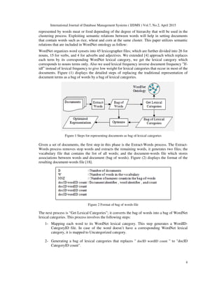 International Journal of Database Management Systems ( IJDMS ) Vol.7, No.2, April 2015
4
represented by words meat or food depending of the degree of hierarchy that will be used in the
clustering process. Exploiting semantic relations between words will help in setting documents
that contain words such as rice, wheat and corn at the same cluster. This paper utilizes semantic
relations that are included in WordNet ontology as follow:
WordNet organizes word synsets into 45 lexicographer files; which are further divided into 26 for
nouns, 15 for verbs, and 4 for adverbs and adjectives. We extended [4] approach which replaces
each term by its corresponding WordNet lexical category, we get the lexical category which
corresponds to nouns terms only. Also we used lexical frequency inverse document frequency ”lf-
idf” instead of lexical frequency to give low weight for lexical categories that occur in most of the
documents. Figure (1) displays the detailed steps of replacing the traditional representation of
document terms as a bag of words by a bag of lexical categories.
Figure 1 Steps for representing documents as bag of lexical categories
Given a set of documents, the first step in this phase is the Extract-Words process. The Extract-
Words process removes stop words and extracts the remaining words, it generates two files; the
vocabulary file that contains the list of all words; and the document-words file which stores
associations between words and document (bag of words). Figure (2) displays the format of the
resulting document-words file [18].
Figure 2 Format of bag of words file
The next process is “Get Lexical Categories”; it converts the bag of words into a bag of WordNet
lexical categories. This process involves the following steps:
1- Mapping each word to its WordNet lexical category. This step generates a WordID-
CategoryID file. In case of the word doesn’t have a corresponding WordNet lexical
category, it is mapped to Uncategorized category.
2- Generating a bag of lexical categories that replaces " docID wordID count " to "docID
CategoryID count".
 