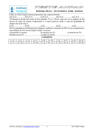 Então, os valores lógicos dessas proposições são, respectivamente,
a) F, V, V b) V, V, V c) V, F, V d) V, F, F e) F, V, F
19) Deseja-se dividir dois rolos de fita medindo 72 m e 104 m, cada um. Se os pedaços de fita
devem ser todos de mesmo comprimento e o maior possível, então a soma da quantidade de
pedaços dos dois rolos é
a) 18 b) 20 c) 22 d) 24 e) 36
20) Um quadrado é modificado para retângulo, mediante o aumento de 20% no seu comprimento e
uma redução de 15% na sua largura. Então, a sua área
a) permanece a mesma b) aumenta em 3% c) aumenta em 5%.
d) reduz-se em 5% e) reduz-se em 8%
GABARITO:
1 - C 2 - E 3 - A 4 - C 5 - B 6 – B 7 - E 8 - C 9 - D 10 - E
11 - C 12 - D 13 - C 14 - B 15 - A 16 – A 17 - D 18 - A 19 - C 20 - B
Solicite a resolução*: preanpad@yahoo.com.br Prof. Milton Araújo4
 