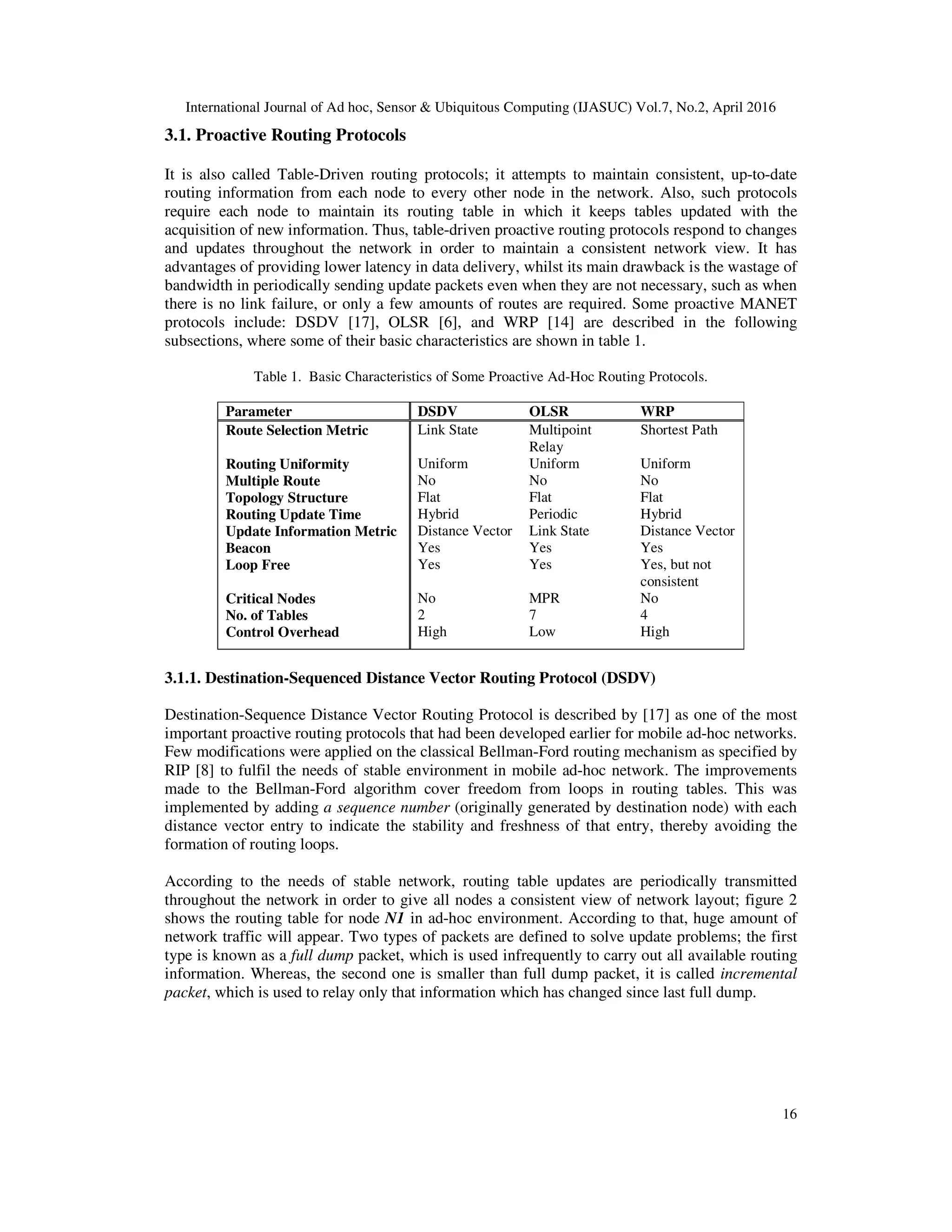 International Journal of Ad hoc, Sensor & Ubiquitous Computing (IJASUC) Vol.7, No.2, April 2016
16
3.1. Proactive Routing Protocols
It is also called Table-Driven routing protocols; it attempts to maintain consistent, up-to-date
routing information from each node to every other node in the network. Also, such protocols
require each node to maintain its routing table in which it keeps tables updated with the
acquisition of new information. Thus, table-driven proactive routing protocols respond to changes
and updates throughout the network in order to maintain a consistent network view. It has
advantages of providing lower latency in data delivery, whilst its main drawback is the wastage of
bandwidth in periodically sending update packets even when they are not necessary, such as when
there is no link failure, or only a few amounts of routes are required. Some proactive MANET
protocols include: DSDV [17], OLSR [6], and WRP [14] are described in the following
subsections, where some of their basic characteristics are shown in table 1.
Table 1. Basic Characteristics of Some Proactive Ad-Hoc Routing Protocols.
Parameter DSDV OLSR WRP
Route Selection Metric Link State Multipoint
Relay
Shortest Path
Routing Uniformity Uniform Uniform Uniform
Multiple Route No No No
Topology Structure Flat Flat Flat
Routing Update Time Hybrid Periodic Hybrid
Update Information Metric Distance Vector Link State Distance Vector
Beacon Yes Yes Yes
Loop Free Yes Yes Yes, but not
consistent
Critical Nodes No MPR No
No. of Tables 2 7 4
Control Overhead High Low High
3.1.1. Destination-Sequenced Distance Vector Routing Protocol (DSDV)
Destination-Sequence Distance Vector Routing Protocol is described by [17] as one of the most
important proactive routing protocols that had been developed earlier for mobile ad-hoc networks.
Few modifications were applied on the classical Bellman-Ford routing mechanism as specified by
RIP [8] to fulfil the needs of stable environment in mobile ad-hoc network. The improvements
made to the Bellman-Ford algorithm cover freedom from loops in routing tables. This was
implemented by adding a sequence number (originally generated by destination node) with each
distance vector entry to indicate the stability and freshness of that entry, thereby avoiding the
formation of routing loops.
According to the needs of stable network, routing table updates are periodically transmitted
throughout the network in order to give all nodes a consistent view of network layout; figure 2
shows the routing table for node N1 in ad-hoc environment. According to that, huge amount of
network traffic will appear. Two types of packets are defined to solve update problems; the first
type is known as a full dump packet, which is used infrequently to carry out all available routing
information. Whereas, the second one is smaller than full dump packet, it is called incremental
packet, which is used to relay only that information which has changed since last full dump.
 