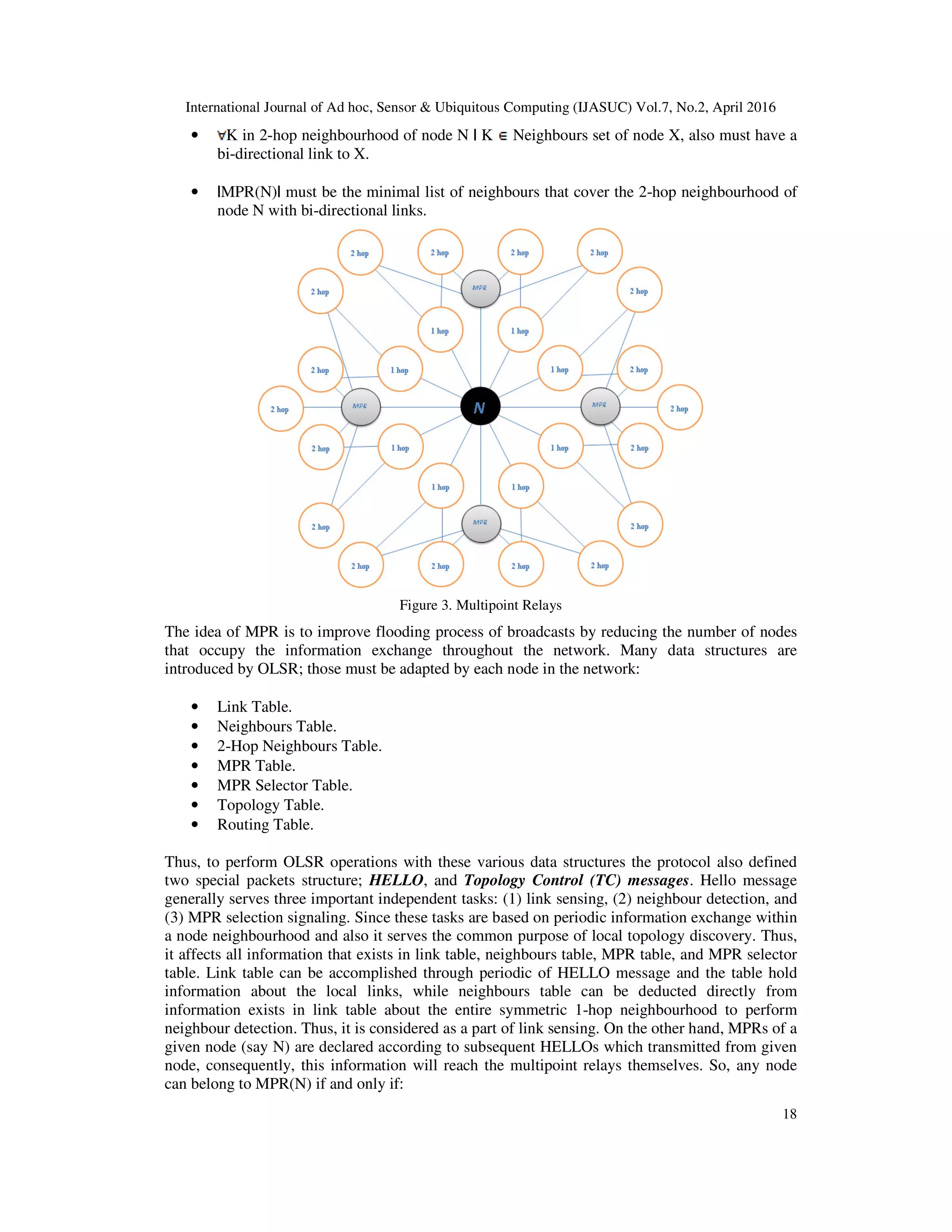 International Journal of Ad hoc, Sensor & Ubiquitous Computing (IJASUC) Vol.7, No.2, April 2016
18
• K in 2-hop neighbourhood of node N | K Neighbours set of node X, also must have a
bi-directional link to X.
• |MPR(N)| must be the minimal list of neighbours that cover the 2-hop neighbourhood of
node N with bi-directional links.
Figure 3. Multipoint Relays
The idea of MPR is to improve flooding process of broadcasts by reducing the number of nodes
that occupy the information exchange throughout the network. Many data structures are
introduced by OLSR; those must be adapted by each node in the network:
• Link Table.
• Neighbours Table.
• 2-Hop Neighbours Table.
• MPR Table.
• MPR Selector Table.
• Topology Table.
• Routing Table.
Thus, to perform OLSR operations with these various data structures the protocol also defined
two special packets structure; HELLO, and Topology Control (TC) messages. Hello message
generally serves three important independent tasks: (1) link sensing, (2) neighbour detection, and
(3) MPR selection signaling. Since these tasks are based on periodic information exchange within
a node neighbourhood and also it serves the common purpose of local topology discovery. Thus,
it affects all information that exists in link table, neighbours table, MPR table, and MPR selector
table. Link table can be accomplished through periodic of HELLO message and the table hold
information about the local links, while neighbours table can be deducted directly from
information exists in link table about the entire symmetric 1-hop neighbourhood to perform
neighbour detection. Thus, it is considered as a part of link sensing. On the other hand, MPRs of a
given node (say N) are declared according to subsequent HELLOs which transmitted from given
node, consequently, this information will reach the multipoint relays themselves. So, any node
can belong to MPR(N) if and only if:
 