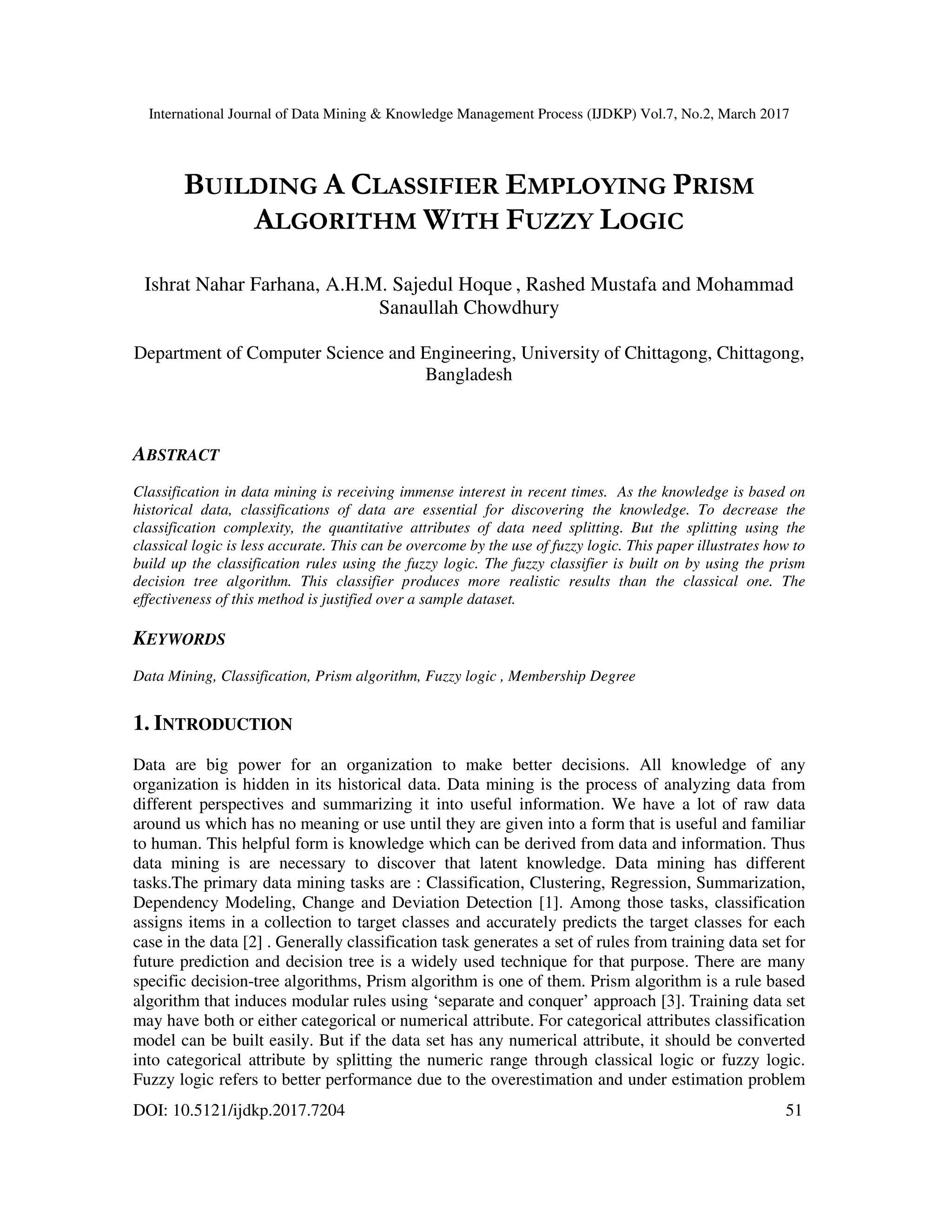 Building a Classifier Employing Prism Algorithm with Fuzzy Logic | PDF