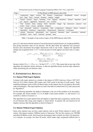 International Journal on Natural Language Computing (IJNLC) Vol.7, No.2, April 2018
Topic 10 Top Words in NIPS datasets after LDA
1 ’connection’, ’input’, ’vectors’, ’bit’, ’feature’, ’connections’, ’distributed’, ’vector’, ’recogni-
tion’, ’data’, ’best’, ’current’, ’features’, ’analog’, ’output’
2 ’kernel’, ’kernels’, ’space’, ’learning’, ’svm’, ’support’, ’machines’, ’feature’, ’machine’, ’prod-
uct’, ’spaces’, ’approach’, ’functions’, ’use’, ’section’
3 ’line’, ’motion’, ’data’, ’analog’, ’ﬁeld’, ’network’, ’image’, ’ﬁg’, ’processes’, ’process’, ’net-
works’, ’term’, ’circuit’, ’problem’, ’solution’
4 ’pca’, ’principal’, ’analysis’, ’component’, ’data’, ’components’, ’subspace’, ’linear’, ’variance’,
’algorithm’, ’nonlinear’, ’eigenvalues’, ’dimensional’, ’reduction’, ’covariance’
5 ’greedy’, ’functions’, ’submodular’, ’sets’, ’function’, ’elements’, ’gain’, ’extension’, ’element’,
’problem’, ’class’, ’hard’, ’selected’, ’ground’, ’near’
Table 1: Example of top words in topics of the NIPS datasets after LDA.
gives p(l), that means that the amount of moved document is proportional to its weight probability,
thus giving maximum value of cost function. On the other hand, the coherence also increases
because more documents have higher intersection with its top words. Suppose the algorithm
changes the assignment from T to T so that one pair of words appears one more time in a topic,
then
eC(T )
− eC(T)
=
D(wi, wj) + 1 +
D(wi) + 1
−
D(wi, wj) +
D(wi)
=
D(wi) + 1 − D(wi, wj)
D(wi)(D(wi) + 1)
> 0
because clearly D(wi) ≥ D(wi, wj). So that C(T ) > C(T). This means that at any step of the
algorithm, the coherence always increases, so that our algorithm always increase topic coherence
while maximizing the cost function value.
5. EXPERIMENTAL RESULTS
5.1. Dataset With Expert Opinion
A dataset with expert opinion we consider is the dataset of NIPS Conference Papers 1987-2015
Data Set [11] which contains 5861 papers and 11463 words in the bag of words matrix. Topic
modeling techniques such as LDA can detect topics in this dataset, but we can improve the results
with our techniques. The expert opinion we used is the table of content from [12], and is processed
by Algorithm 5.
For the following algorithm, the depth of subchapter is the size of the numbers in its description.
For example, the section number 1.2.3 is of depth 3 and section number 1.2, and section 1.2.3
would be a children of section 1.2.
This algorithm uses expert opinion from all chapters to adjust the topic assignments, and the result
of cost function after using some chapters is shown below. In general, the cost function for all
chapters increase after the algorithm as shown in Figure 5.
5.2. Dataset Without Expert Opinion
Some noisy datasets may not have expert opinion, and we pick Twitter dataset to satisfy such
criteria. Our dataset contains 4 Million tweets in Vancouver. The text ﬁle contains over 700 MB
and about 40 Million words. Each tweet has the property that it contains less than 144 characters,
so it contains, on average, less than 20 words, which makes topic assignment difﬁcult due to
9
 