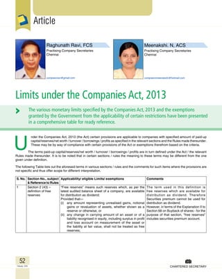 52
February 2016
Article
The various monetary limits specified by the Companies Act, 2013 and the exemptions
granted by the Government from the applicability of certain restrictions have been presented
in a comprehensive table for ready reference.
Raghunath Ravi, Fcs
Practising Company Secretaries
Chennai
compsecravi@gmail.com
U
	 nder the Companies Act, 2013 (the Act) certain provisions are applicable to companies with specified amount of paid-up
capital/reserves/net worth / turnover / borrowings / profits as specified in the relevant sections and the Rules made thereunder.
These may be by way of compliance with certain provisions of the Act or exemptions therefrom based on the criteria.
The terms paid-up capital/reserves/net worth / turnover / borrowings / profits are in turn defined under the Act / the relevant
Rules made thereunder. It is to be noted that in certain sections / rules the meaning to these terms may be different from the one
given under definition.
The following Table lists out the aforesaid terms in various sections / rules and the comments for such items where the provisions are
not specific and thus offer scope for different interpretation.
S. No. Section No., subject
& Reference to Rules
Applicability/ eligible Limits/ exemptions Comments
1 Section 2 (43) –
definition of free
reserves
“Free reserves” means such reserves which, as per the
latest audited balance sheet of a company, are available
for distribution as dividend:
Provided that—
(i) 	 any amount representing unrealised gains, notional
gains or revaluation of assets, whether shown as a
reserve or otherwise, or
(ii) 	any change in carrying amount of an asset or of a
liability recognised in equity, including surplus in profit
and loss account on measurement of the asset or
the liability at fair value, shall not be treated as free
reserves;
The term used in this definition is
free reserves which are available for
distribution as dividend. Therefore
Securities premium cannot be used for
distribution as dividend.
However, in terms of the Explanation II to
Section 68 on Buyback of shares - for the
purpose of that section, “free reserves”
includes securities premium account.
Limits under the Companies Act, 2013
Meenakshi. N, Acs
Practising Company Secretaries
Chennai
compsecnmeenakshi@hotmail.com
 