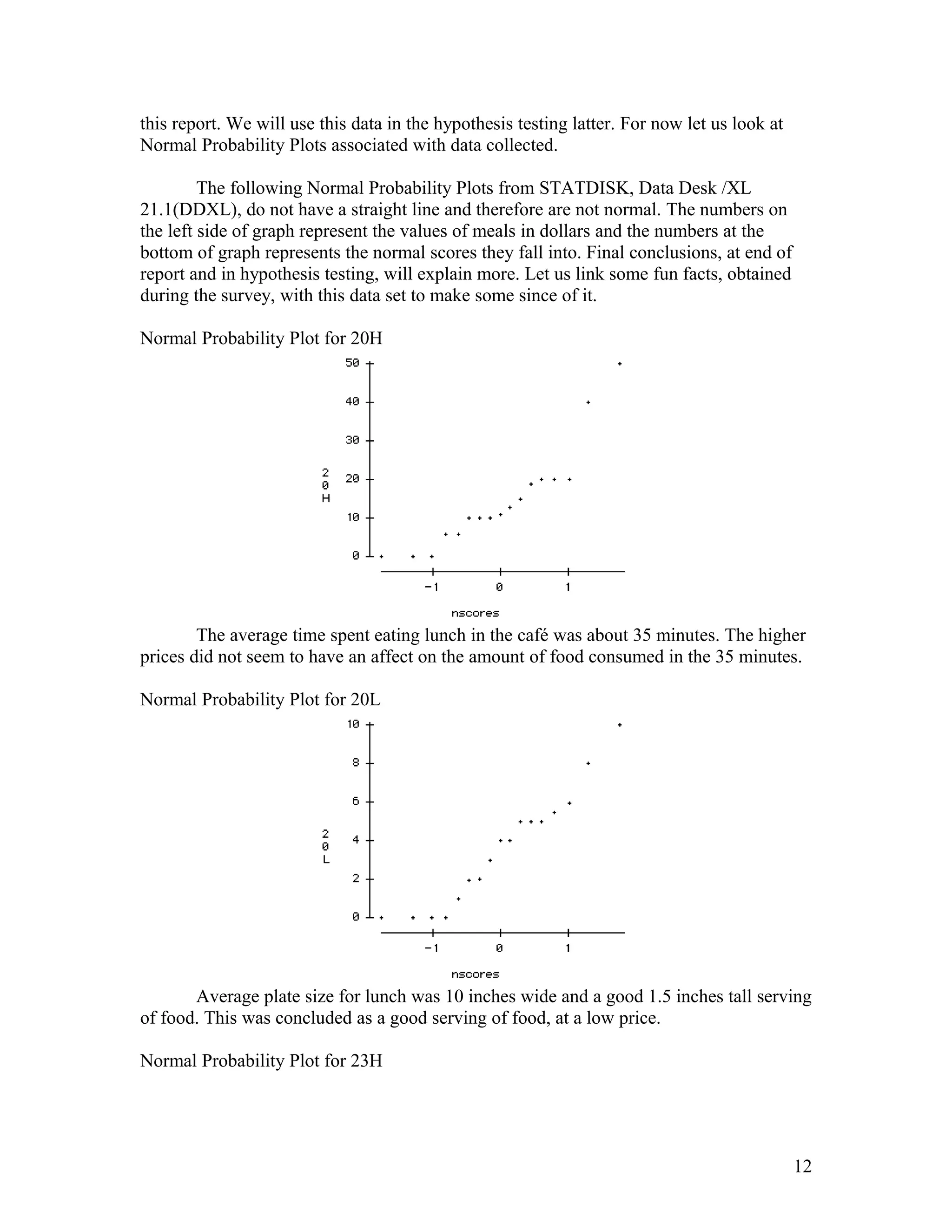 this report. We will use this data in the hypothesis testing latter. For now let us look at
Normal Probability Plots associated with data collected.
The following Normal Probability Plots from STATDISK, Data Desk /XL
21.1(DDXL), do not have a straight line and therefore are not normal. The numbers on
the left side of graph represent the values of meals in dollars and the numbers at the
bottom of graph represents the normal scores they fall into. Final conclusions, at end of
report and in hypothesis testing, will explain more. Let us link some fun facts, obtained
during the survey, with this data set to make some since of it.
Normal Probability Plot for 20H
The average time spent eating lunch in the café was about 35 minutes. The higher
prices did not seem to have an affect on the amount of food consumed in the 35 minutes.
Normal Probability Plot for 20L
Average plate size for lunch was 10 inches wide and a good 1.5 inches tall serving
of food. This was concluded as a good serving of food, at a low price.
Normal Probability Plot for 23H
12
 