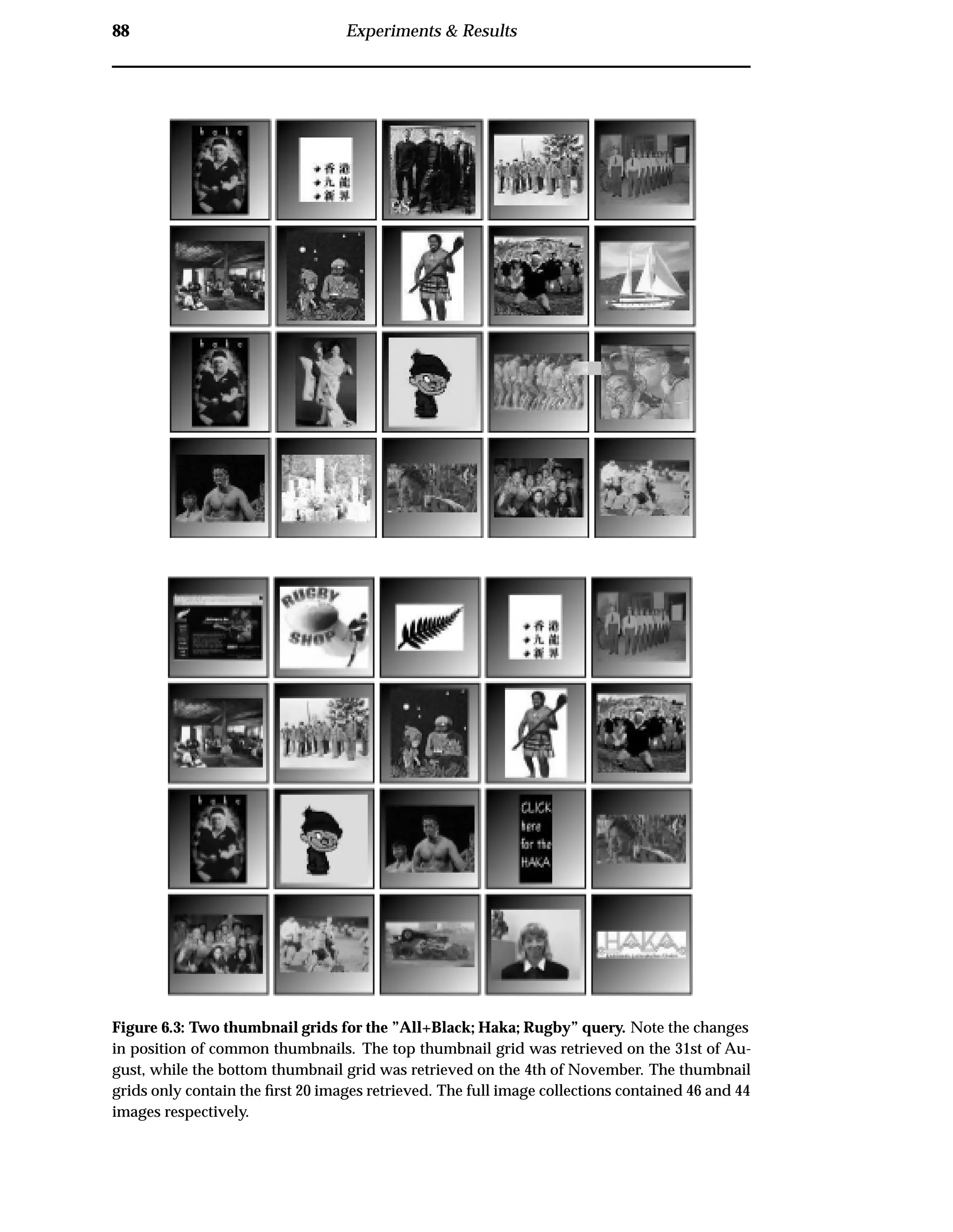 88 Experiments & Results
Figure 6.3: Two thumbnail grids for the ”All+Black; Haka; Rugby” query. Note the changes
in position of common thumbnails. The top thumbnail grid was retrieved on the 31st of Au-
gust, while the bottom thumbnail grid was retrieved on the 4th of November. The thumbnail
grids only contain the ﬁrst 20 images retrieved. The full image collections contained 46 and 44
images respectively.
 