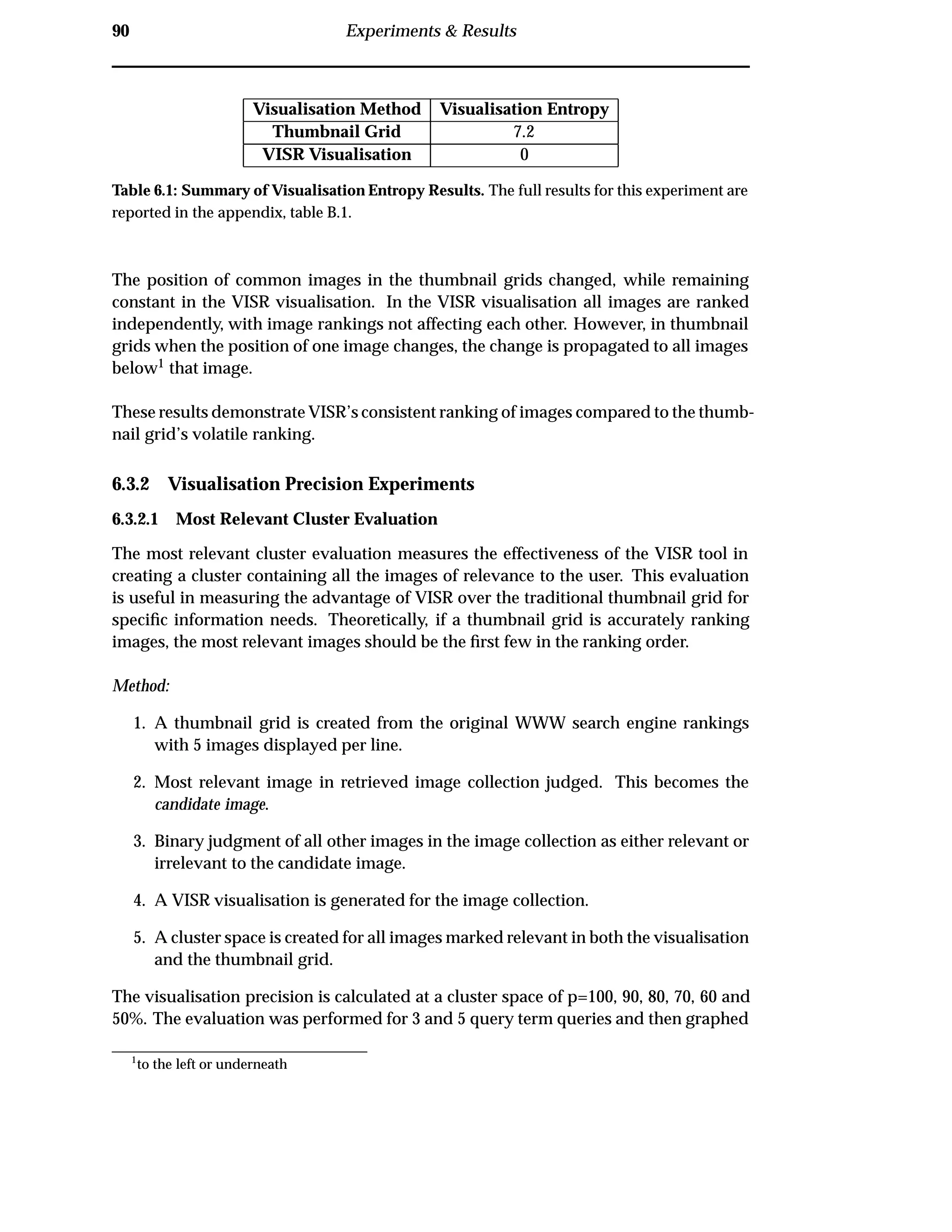 90 Experiments & Results
Visualisation Method Visualisation Entropy
Thumbnail Grid 7.2
VISR Visualisation 0
Table 6.1: Summary of Visualisation Entropy Results. The full results for this experiment are
reported in the appendix, table B.1.
The position of common images in the thumbnail grids changed, while remaining
constant in the VISR visualisation. In the VISR visualisation all images are ranked
independently, with image rankings not affecting each other. However, in thumbnail
grids when the position of one image changes, the change is propagated to all images
below1 that image.
These results demonstrate VISR’s consistent ranking of images compared to the thumb-
nail grid’s volatile ranking.
6.3.2 Visualisation Precision Experiments
6.3.2.1 Most Relevant Cluster Evaluation
The most relevant cluster evaluation measures the effectiveness of the VISR tool in
creating a cluster containing all the images of relevance to the user. This evaluation
is useful in measuring the advantage of VISR over the traditional thumbnail grid for
speciﬁc information needs. Theoretically, if a thumbnail grid is accurately ranking
images, the most relevant images should be the ﬁrst few in the ranking order.
Method:
1. A thumbnail grid is created from the original WWW search engine rankings
with 5 images displayed per line.
2. Most relevant image in retrieved image collection judged. This becomes the
candidate image.
3. Binary judgment of all other images in the image collection as either relevant or
irrelevant to the candidate image.
4. A VISR visualisation is generated for the image collection.
5. A cluster space is created for all images marked relevant in both the visualisation
and the thumbnail grid.
The visualisation precision is calculated at a cluster space of p=100, 90, 80, 70, 60 and
50%. The evaluation was performed for 3 and 5 query term queries and then graphed
1
to the left or underneath
 