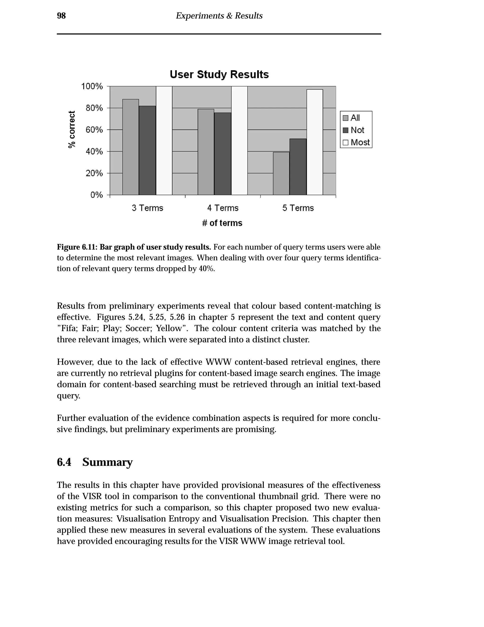 98 Experiments & Results
Figure 6.11: Bar graph of user study results. For each number of query terms users were able
to determine the most relevant images. When dealing with over four query terms identiﬁca-
tion of relevant query terms dropped by 40%.
Results from preliminary experiments reveal that colour based content-matching is
effective. Figures 5.24, 5.25, 5.26 in chapter 5 represent the text and content query
”Fifa; Fair; Play; Soccer; Yellow”. The colour content criteria was matched by the
three relevant images, which were separated into a distinct cluster.
However, due to the lack of effective WWW content-based retrieval engines, there
are currently no retrieval plugins for content-based image search engines. The image
domain for content-based searching must be retrieved through an initial text-based
query.
Further evaluation of the evidence combination aspects is required for more conclu-
sive ﬁndings, but preliminary experiments are promising.
6.4 Summary
The results in this chapter have provided provisional measures of the effectiveness
of the VISR tool in comparison to the conventional thumbnail grid. There were no
existing metrics for such a comparison, so this chapter proposed two new evalua-
tion measures: Visualisation Entropy and Visualisation Precision. This chapter then
applied these new measures in several evaluations of the system. These evaluations
have provided encouraging results for the VISR WWW image retrieval tool.
 