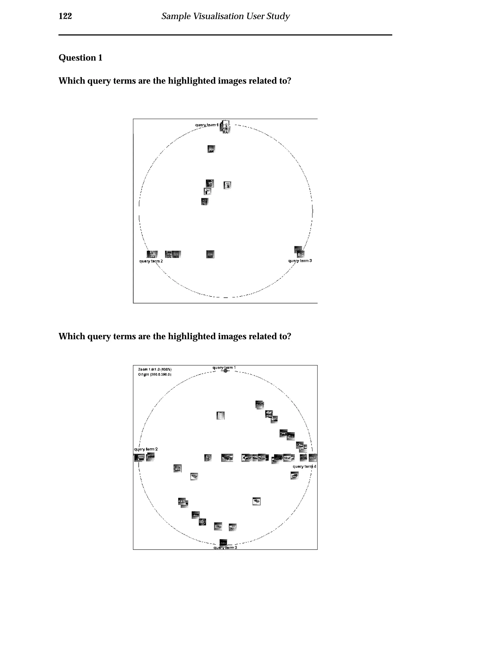 122 Sample Visualisation User Study
Question 1
Which query terms are the highlighted images related to?
Which query terms are the highlighted images related to?
 